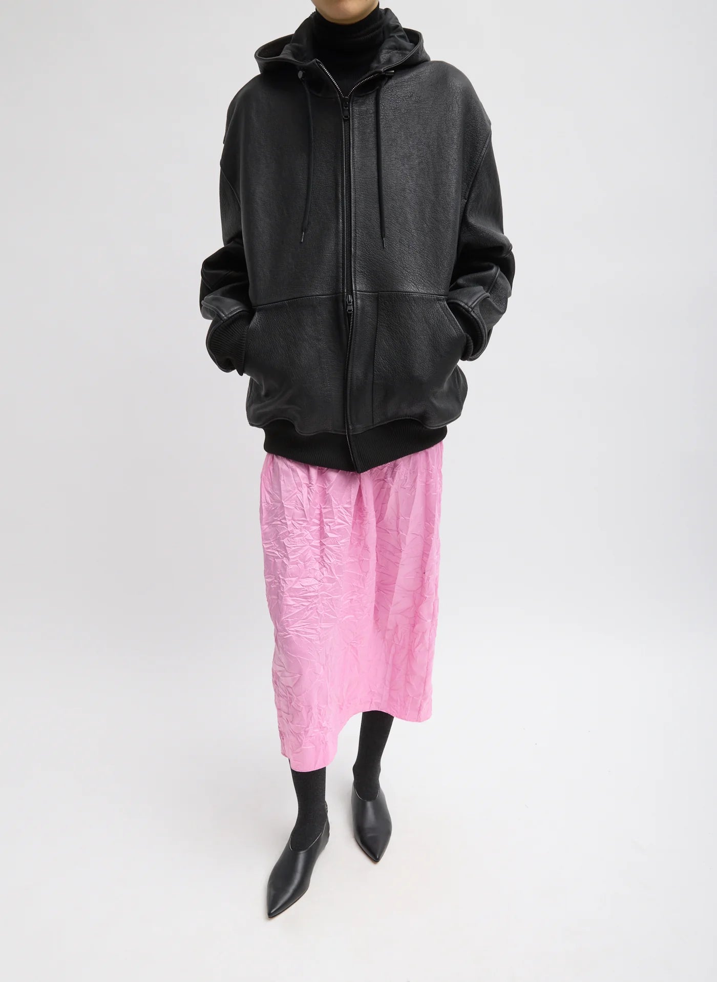 Tibi Pebbled Leather Zip Up Hoodie Jacket