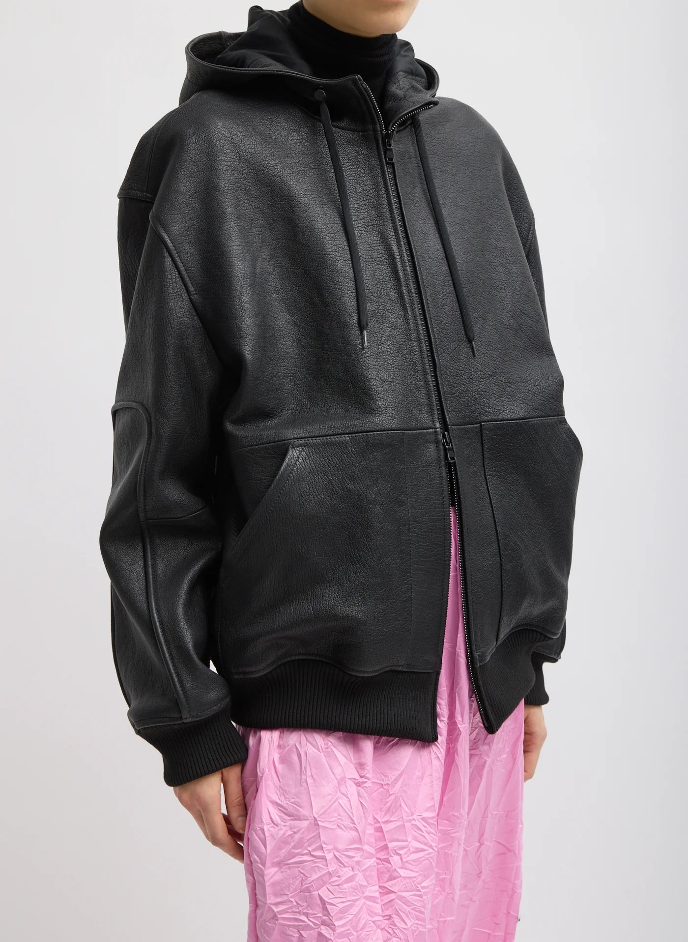 Tibi Pebbled Leather Zip Up Hoodie Jacket