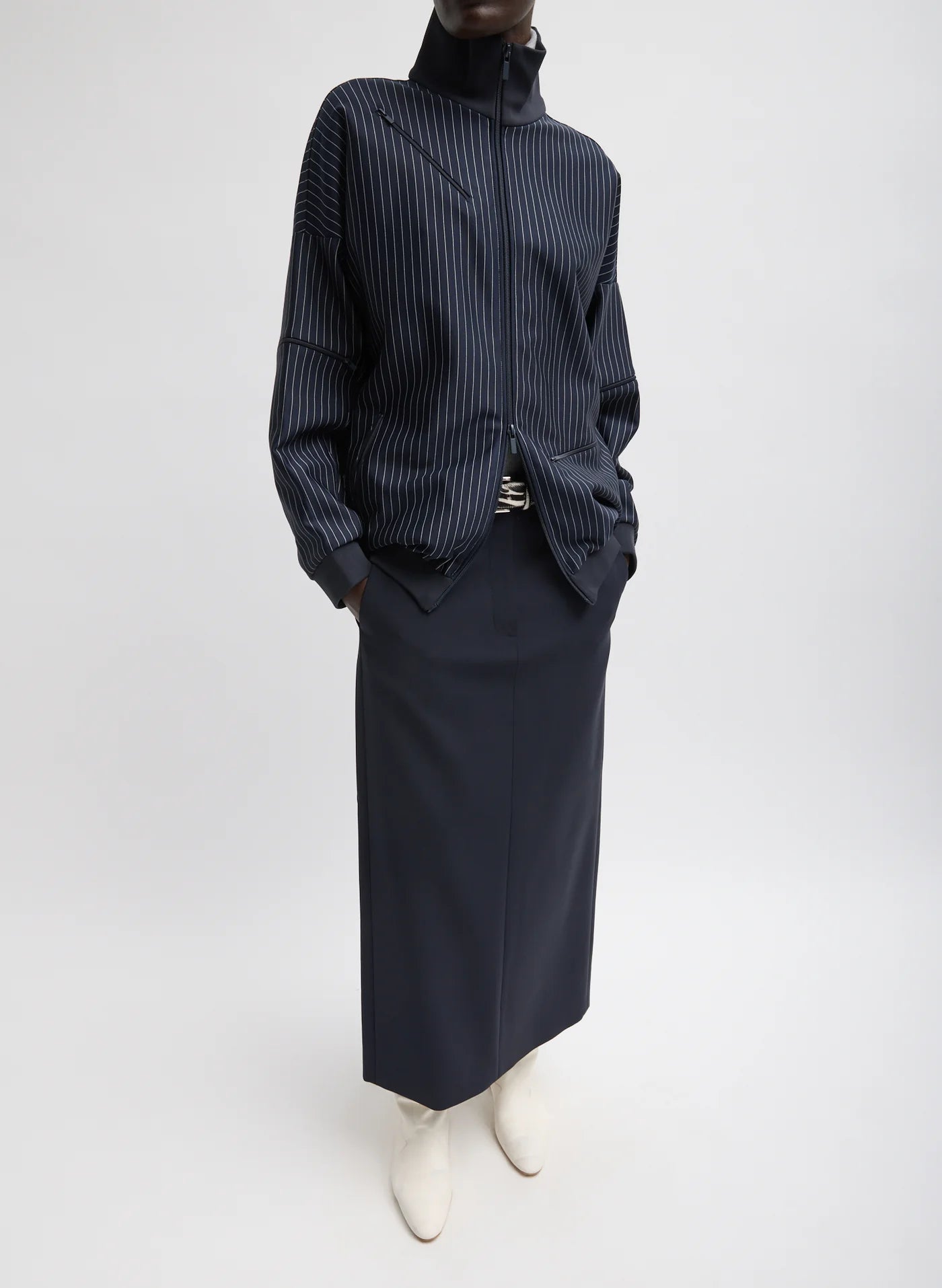 Tibi Pinstripe Active Knit Zipper Detailed Track Jacket