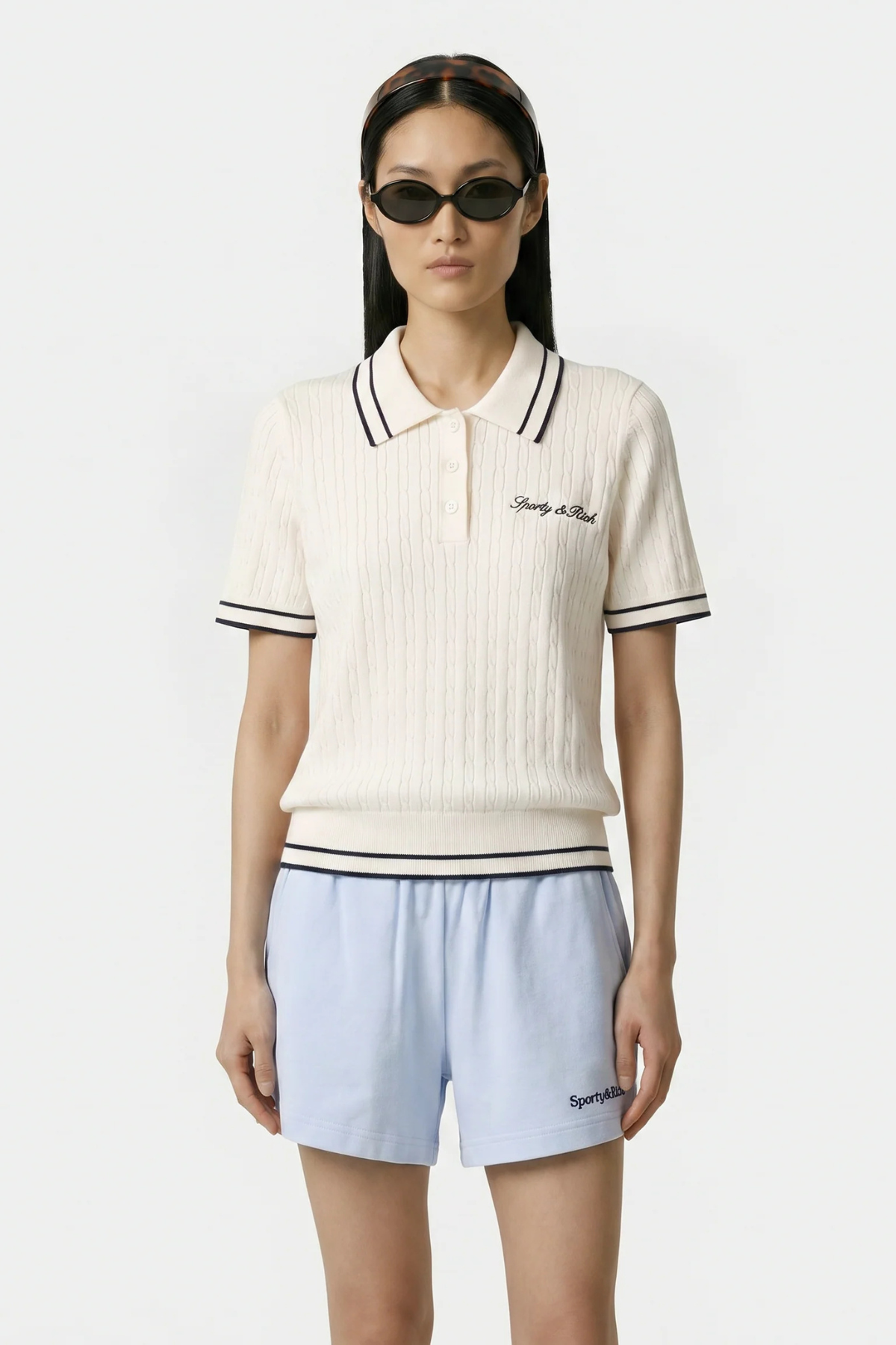 Sporty & Rich Signature Logo Mini Cable Polo - Ecru/Dark Navy