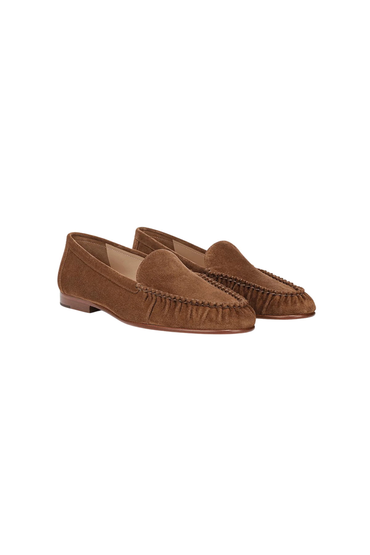 Veronica Beard Prilla loafer in chestnut brown suede featuring textured ruching across the front, a cushioned footbed and a low heel. A pair of brown suede moccasin-style loafers with whipstitch detailing, shown from a three-quarters angle on a plain white background.