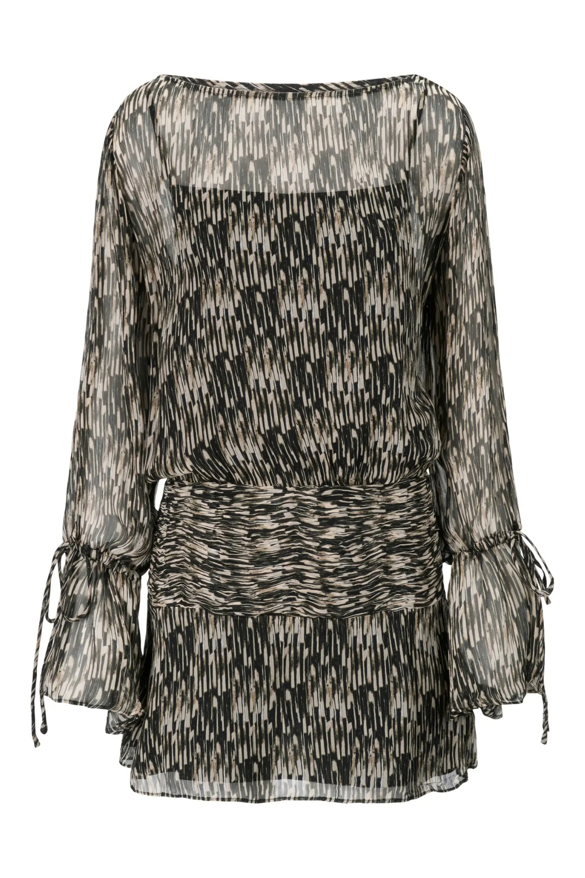 STAUD Beatrix Dress in Porcupine Quill printed chiffon mini dress with long sleeves and smocked waist