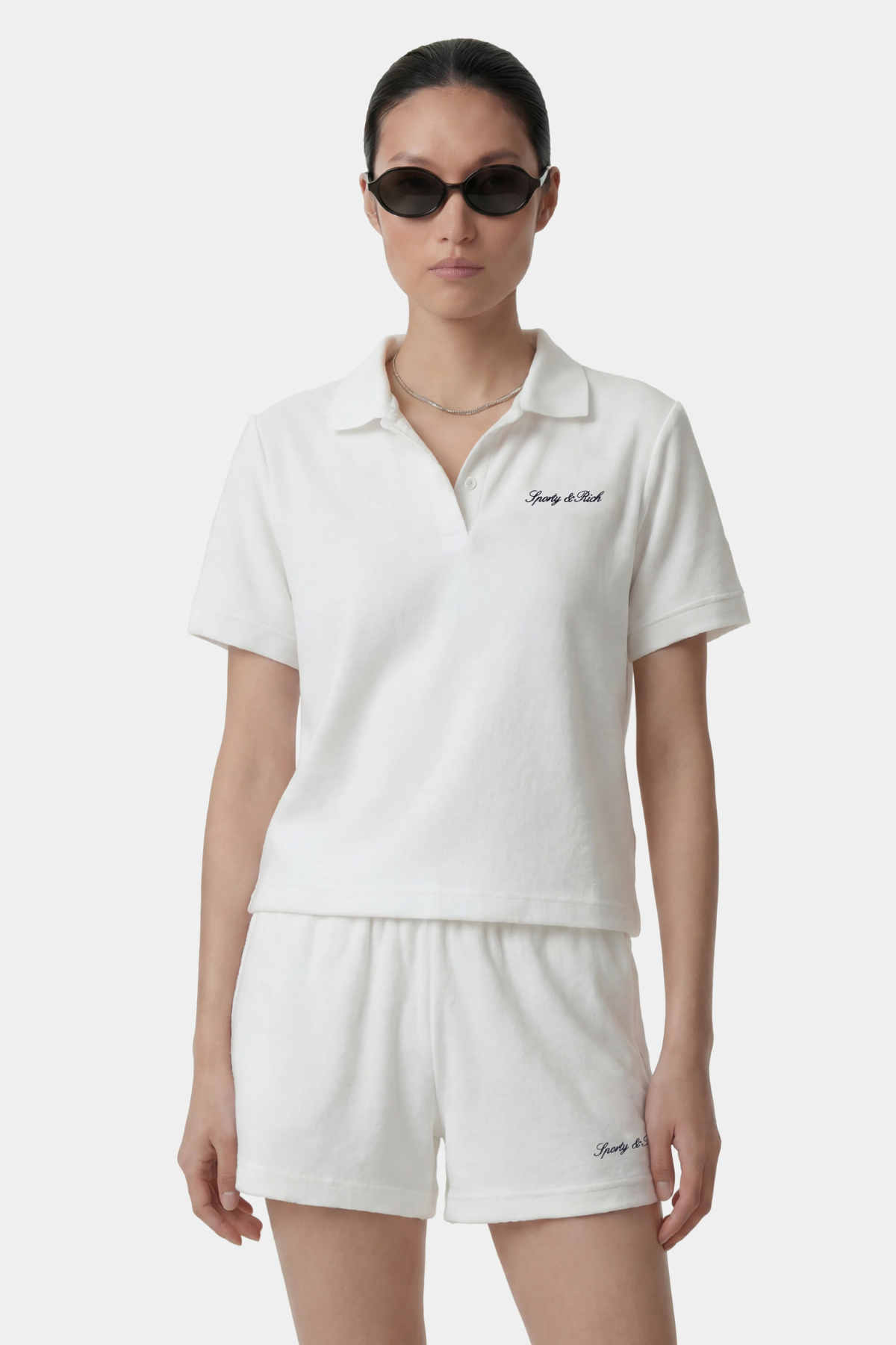Sporty & Rich Signature Logo Terry Polo - White Light Navy