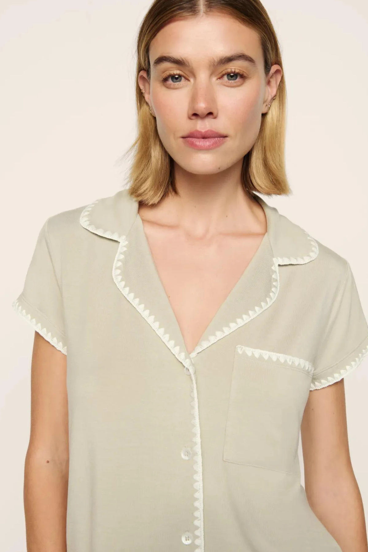 Eberjey Frida Shortie Short PJ Set in Sandstone/Ivory, featuring a short-sleeve button-front top with contrast stitching and coordinating shorts.