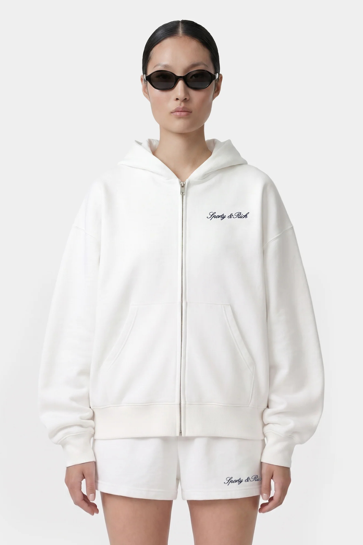 Sporty & Rich Signature Logo Embroidered Zip Hoodie - White Light Navy