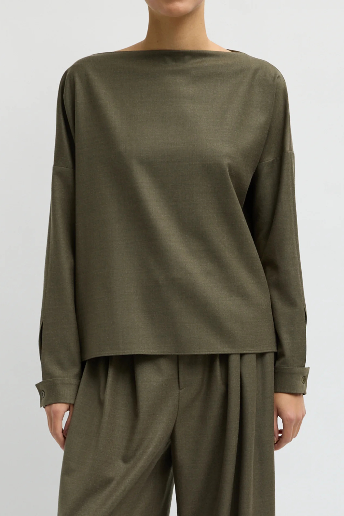 Tibi Cozy Flannel Boatneck Dolman Sleeve Top - Army Green