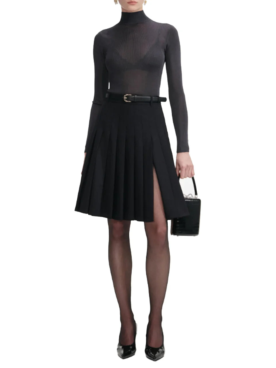 Self-Portrait Black Pleated Twill Midi Skirt