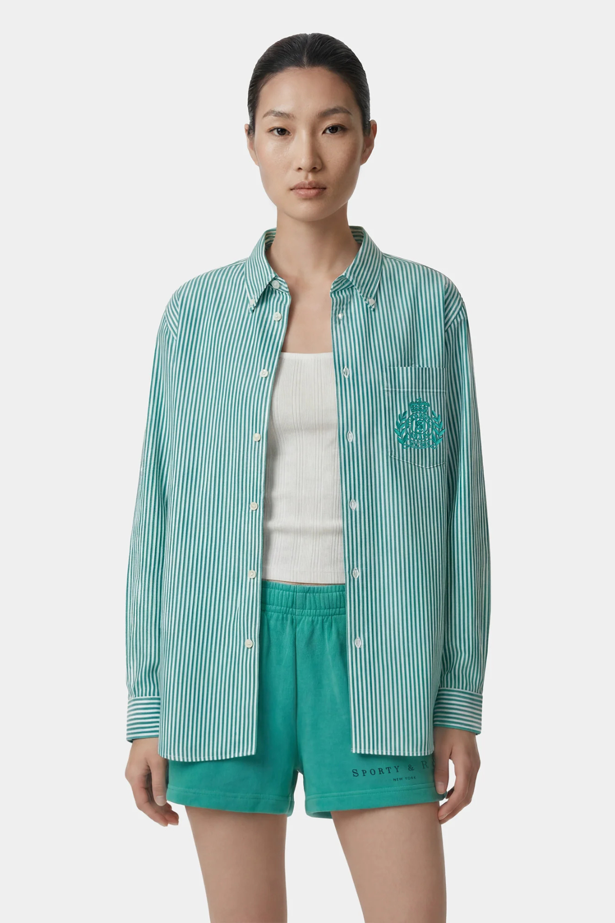 Sporty & Rich NY Crest Oversized Shirt - Amalfi Green Striped
