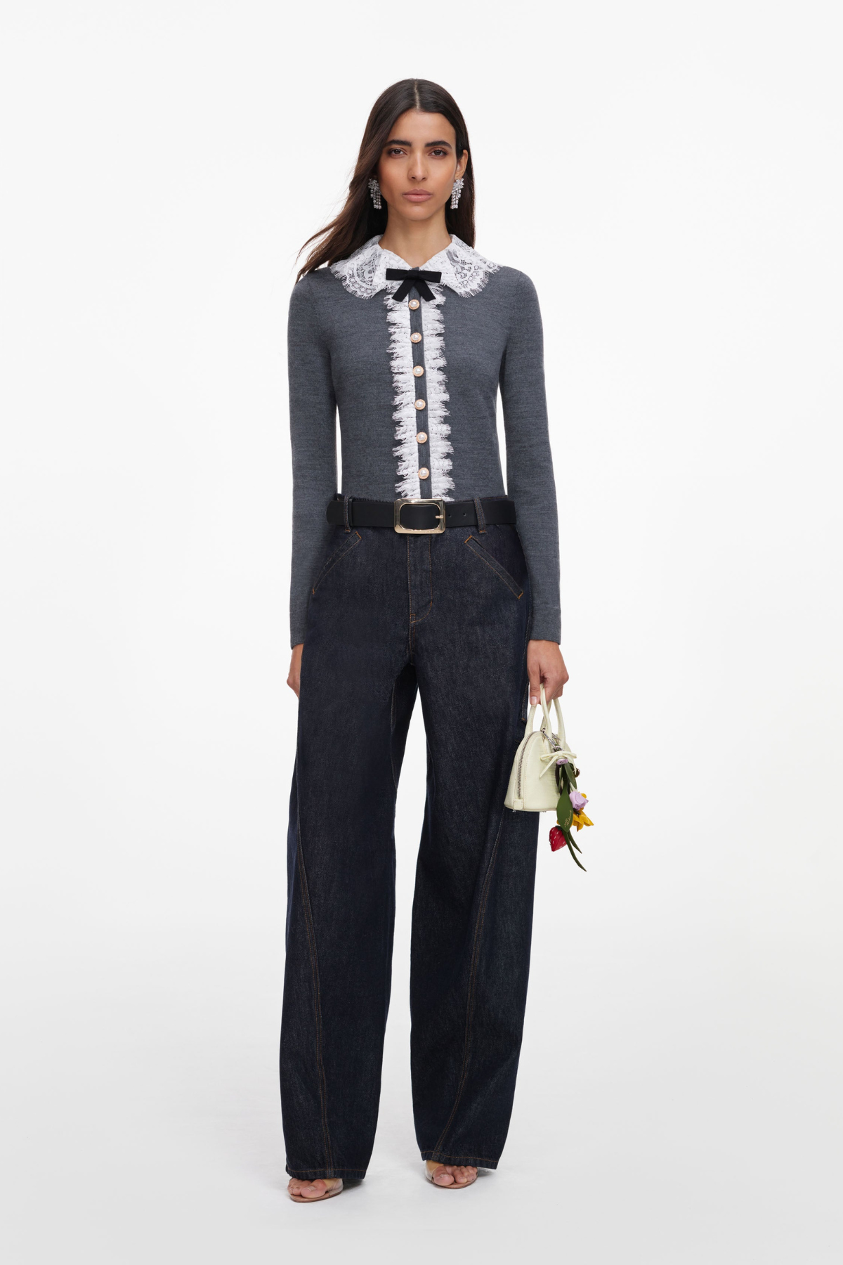 Self-Portrait Grey Lace Collar Knit Cardigan - Grey