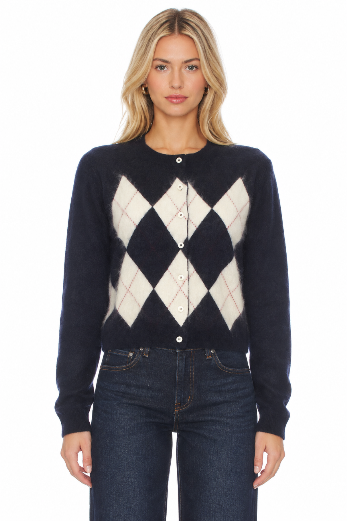 Soft Goat Argyle Cardigan - Navy