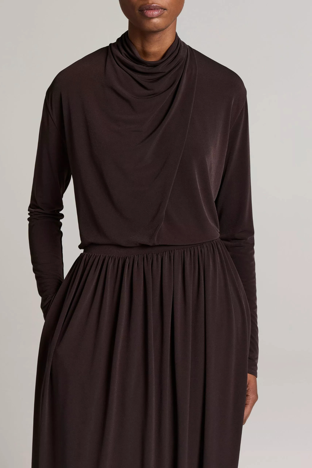 Vince Long Sleeve Draped Cowlneck Blouse - Smoked Truffle