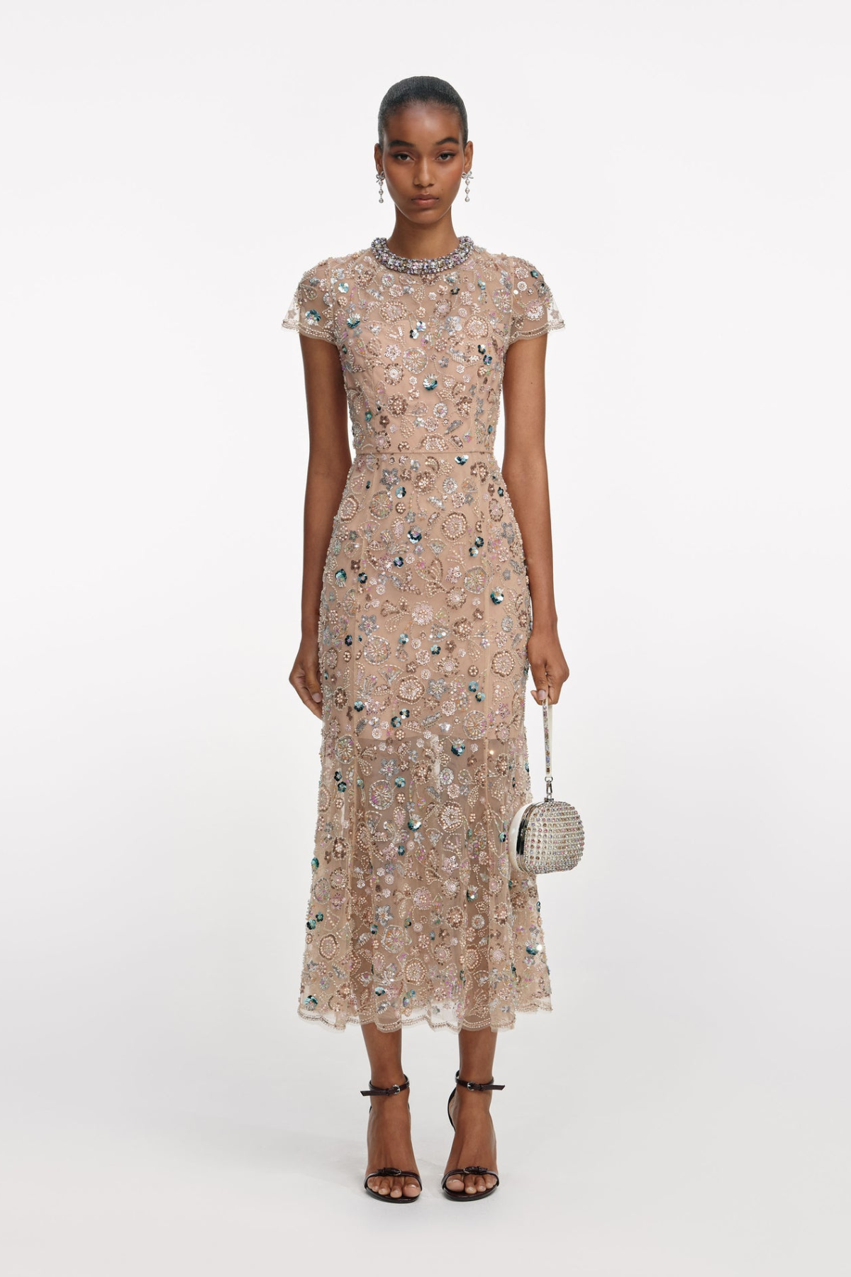 Self-Portrait Pink Flower Sequin Midi Dress - Pink