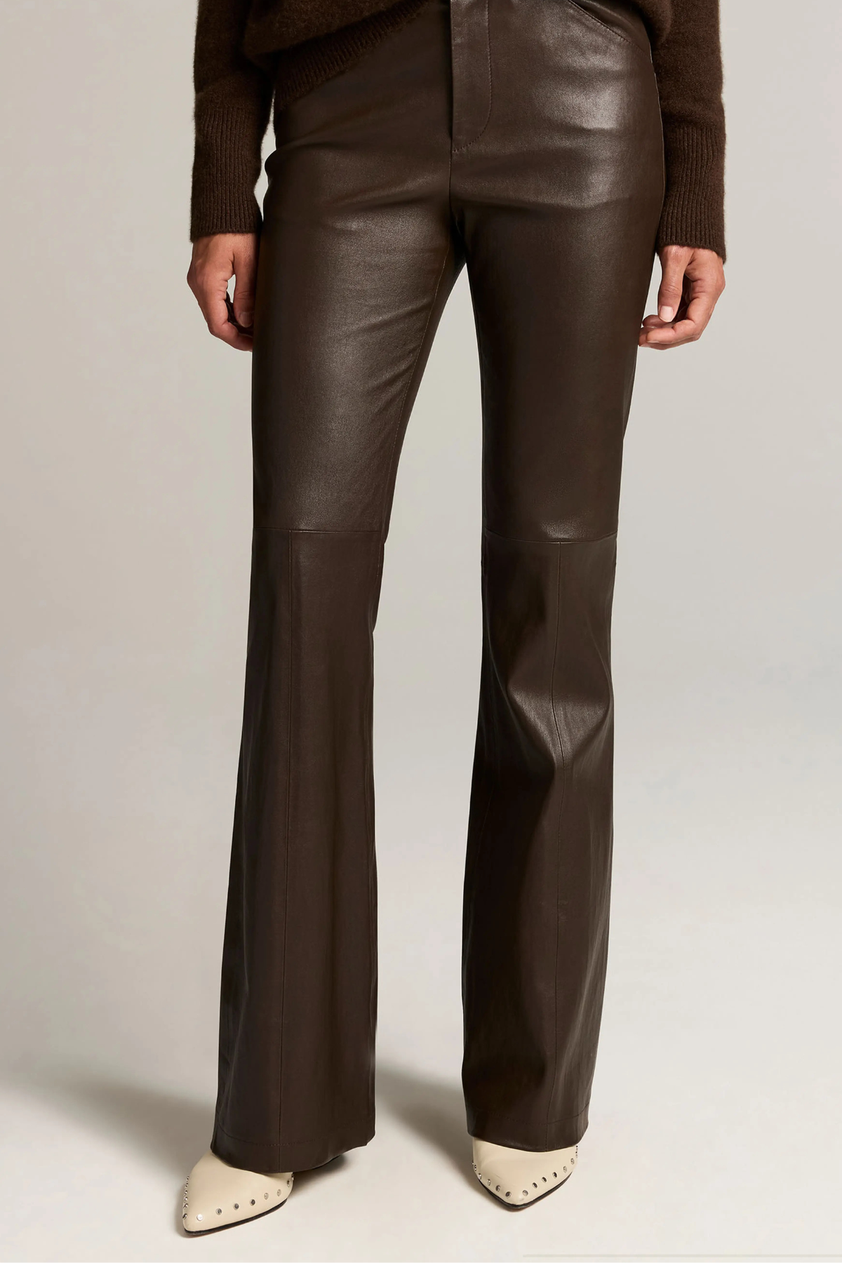 Vince Mid Rise Stretch Leather Flare Pant - Smoked Truffle
