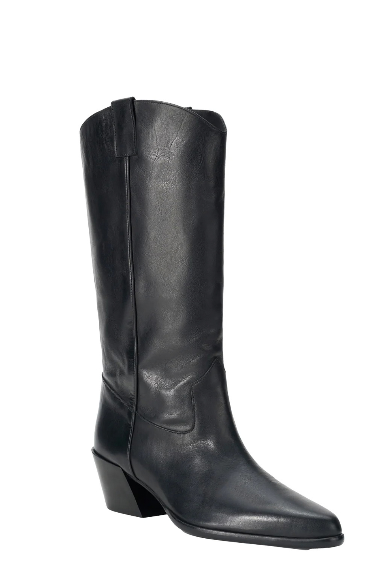 STAUD Monty Boot in Black leather with pointed toe and Western-inspired curved shaft