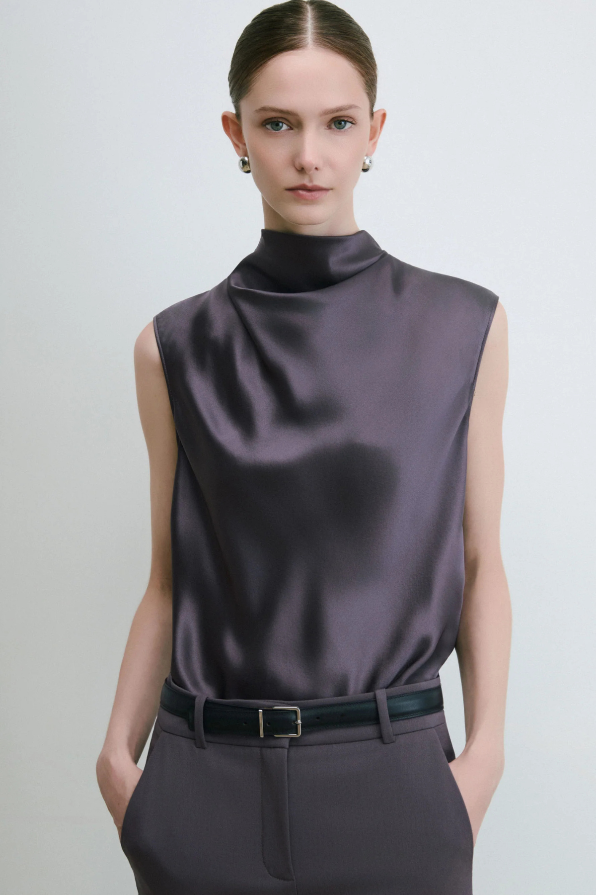 Judith & Charles Satin Funnel Neck Elise Blouse - Mulberry