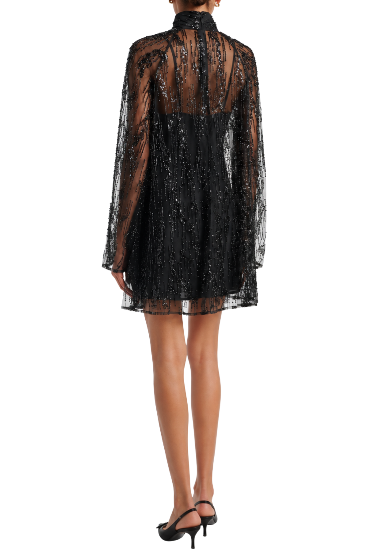 STAUD Esther Mini Dress in Black with sheer overlay and cascading embellishments