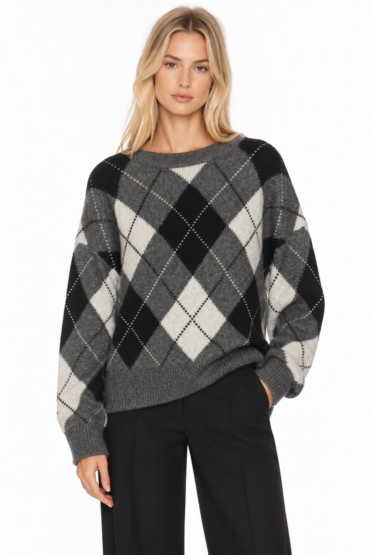 Nili Lotan Donnika Argyle Sweater - Charcoal Argyle