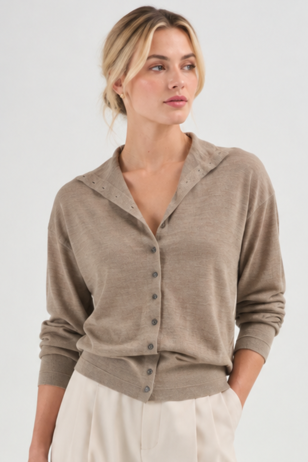 MARIA McMANUS Mock Neck Cardigan - Heather Pebble