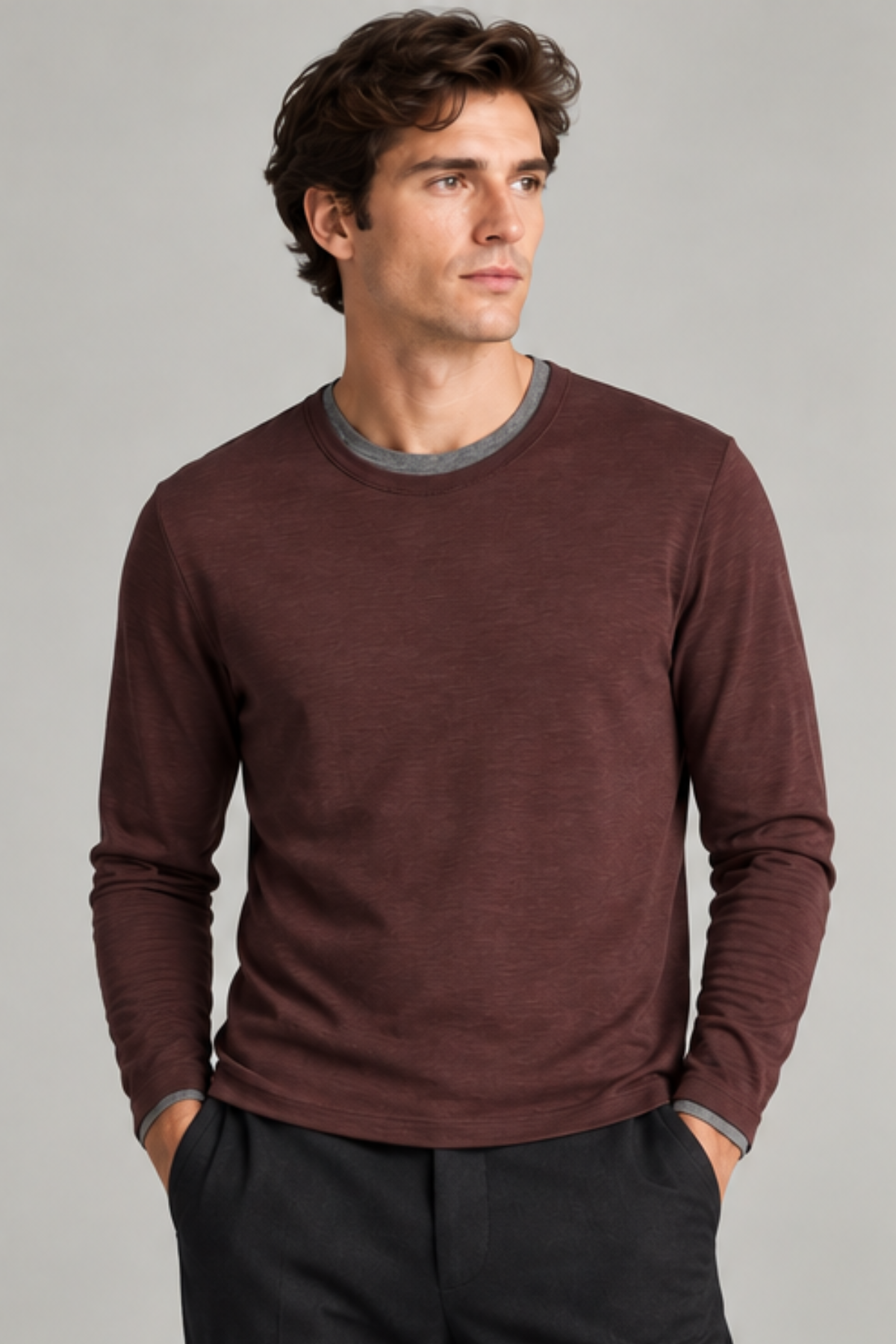 Vince Men's Fine Slub Double Layer L/S Crewneck - Chocolate Plum/ Medium Heather Grey