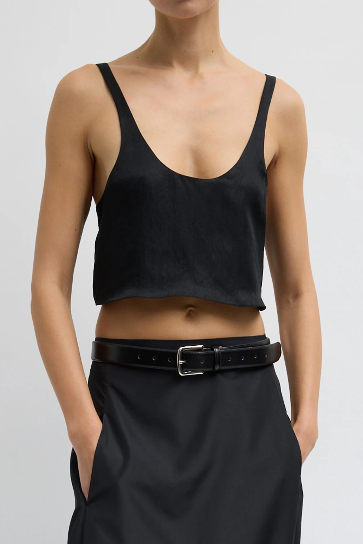 Tibi Summer Acetate Crinkle Cropped Tank - Black