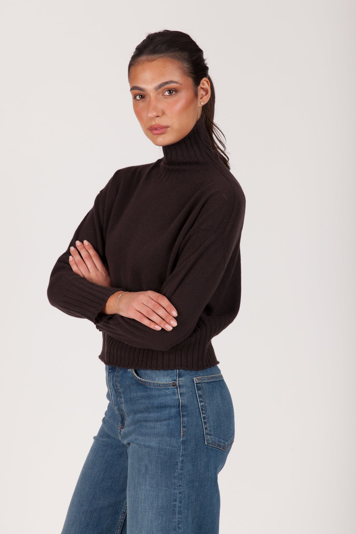 Oh My Goat Cashmere Long Sleeve Mock Neck Turtleneck With Rib Detail