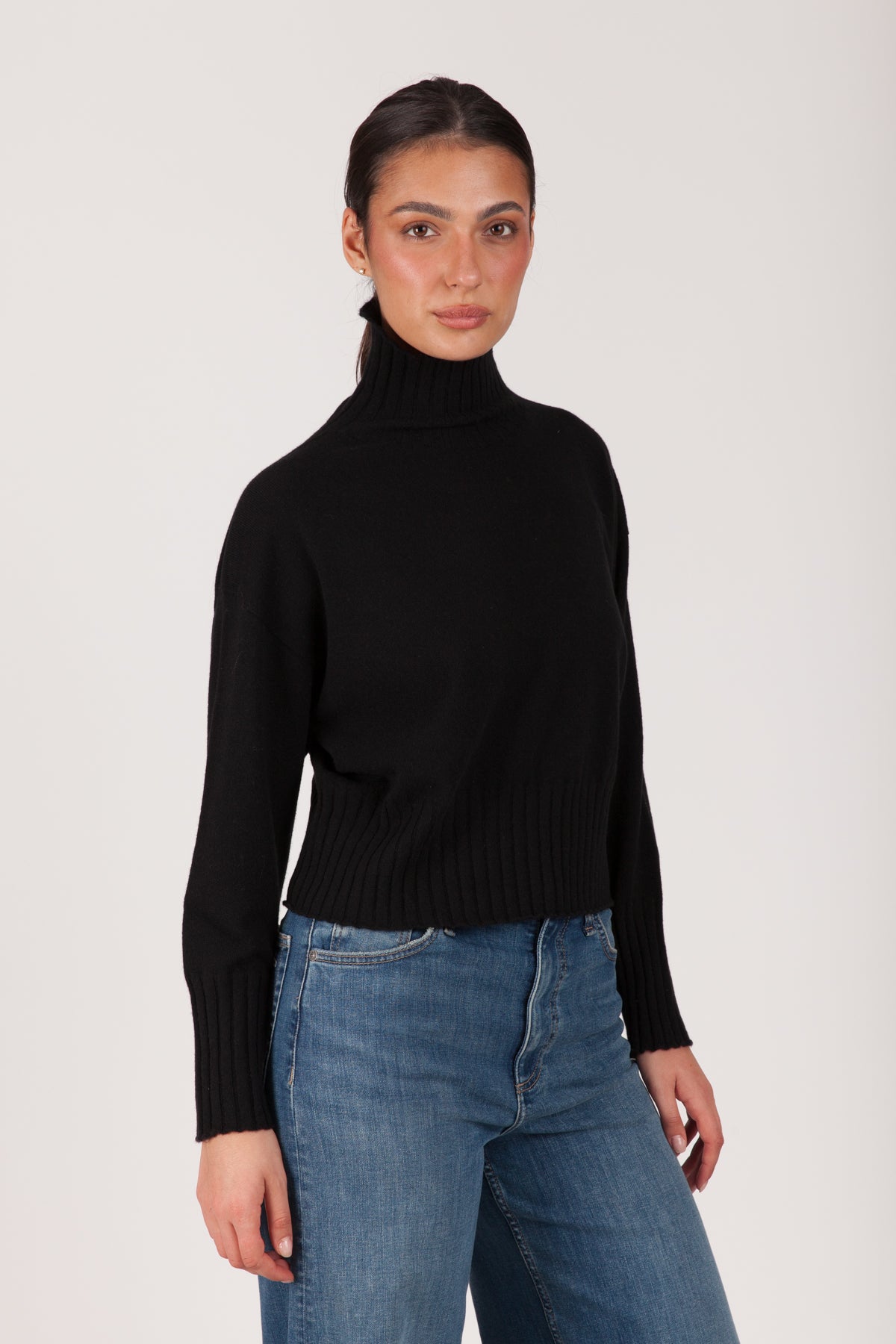 Oh My Goat Cashmere Long Sleeve Mock Neck Turtleneck With Rib Detail