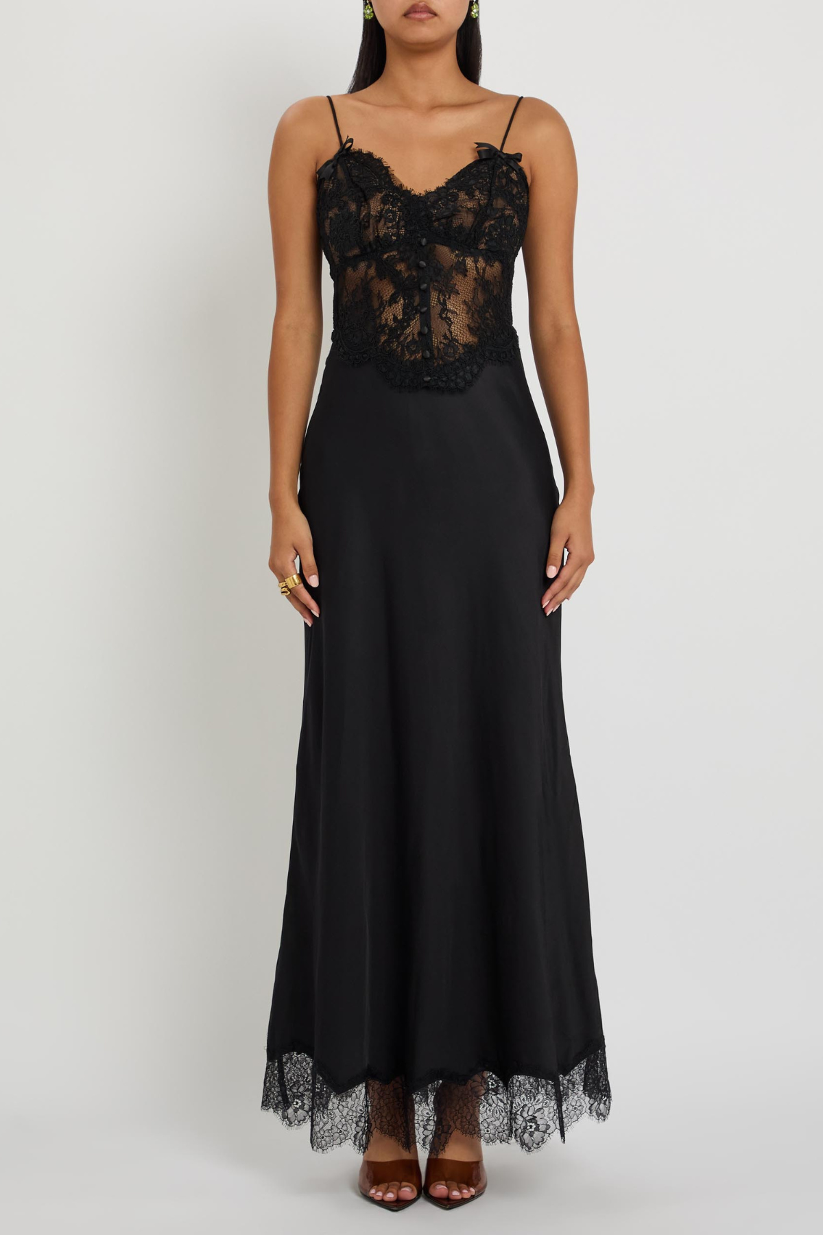 Self-Portrait Black Satin Lace Midi Dress - Black