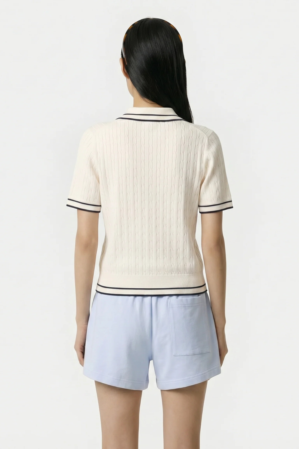 Sporty & Rich Signature Logo Mini Cable Polo - Ecru/Dark Navy
