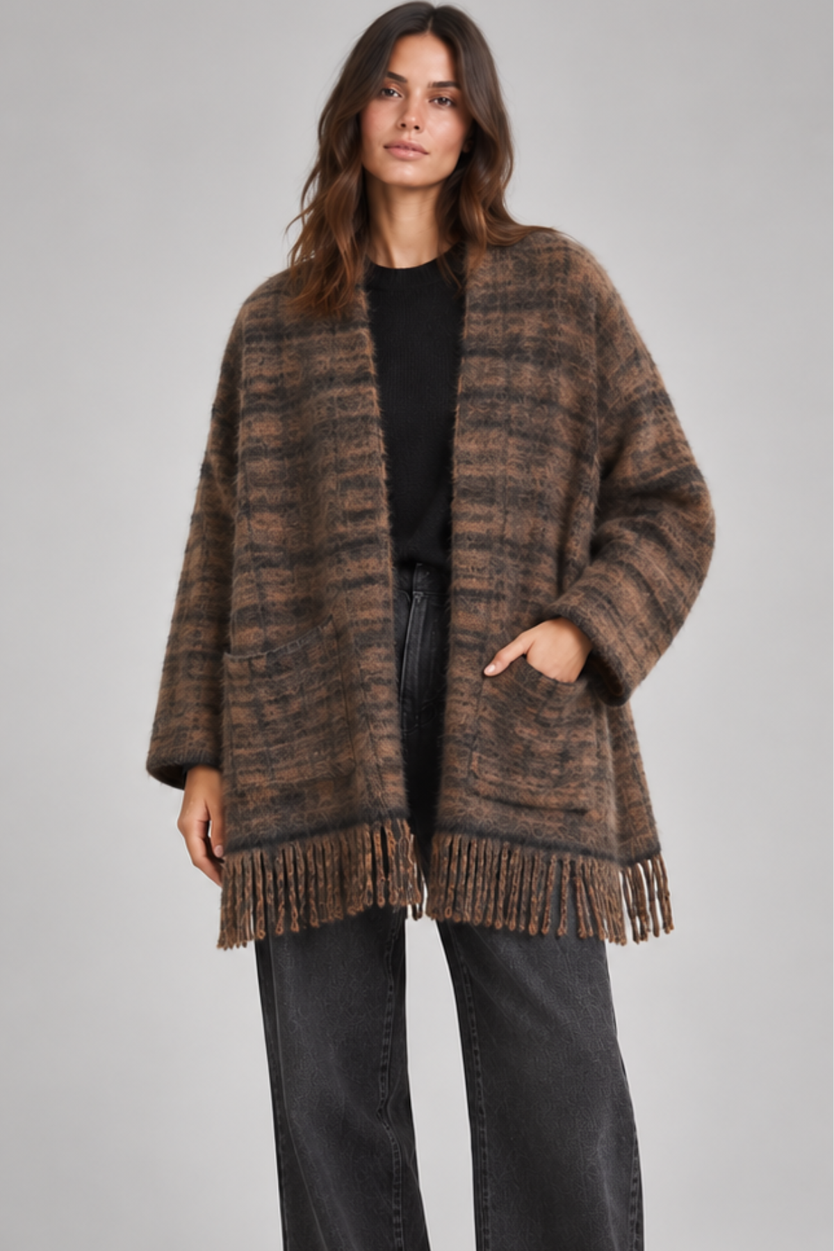 Frame The Cashmere Fringe Coat - Taupe Multi Plaid