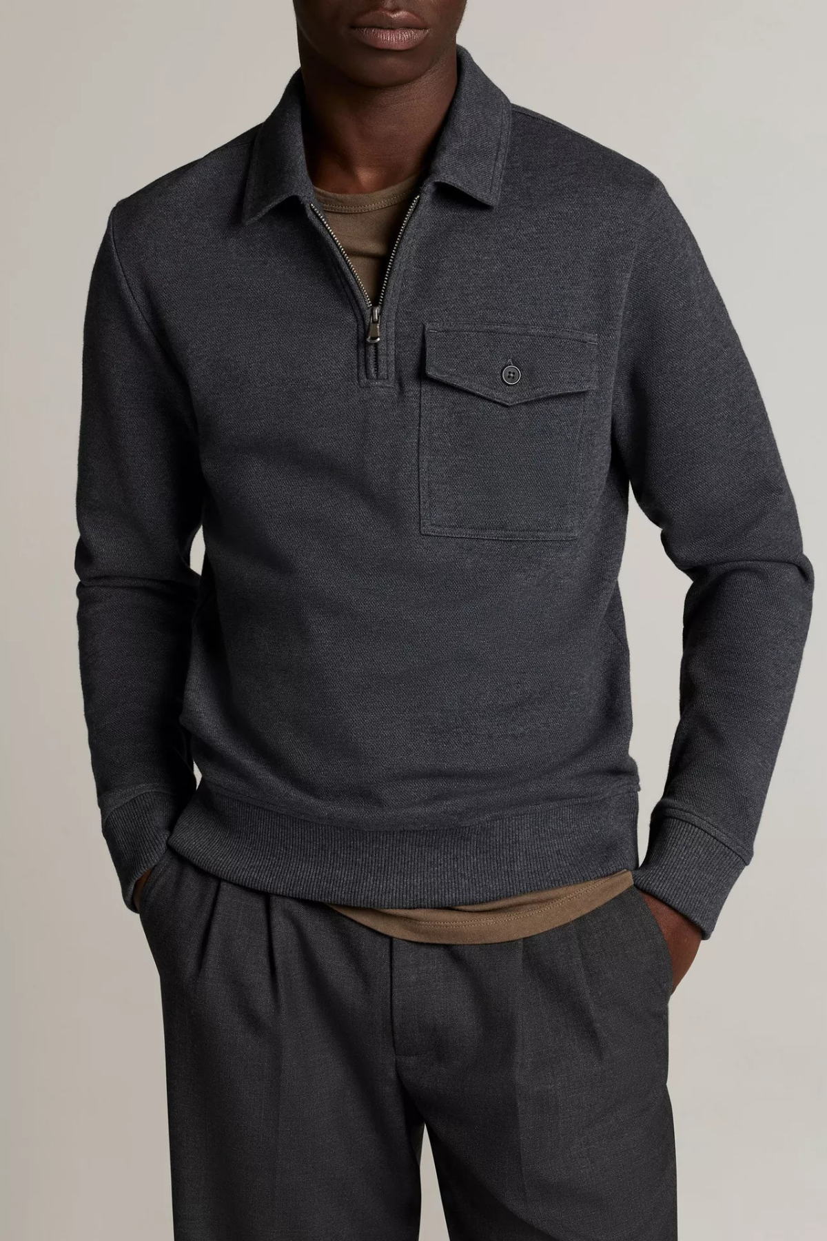Vince Men's Double Piqué Zip Polo Shirt - Azure/ Heather Grey