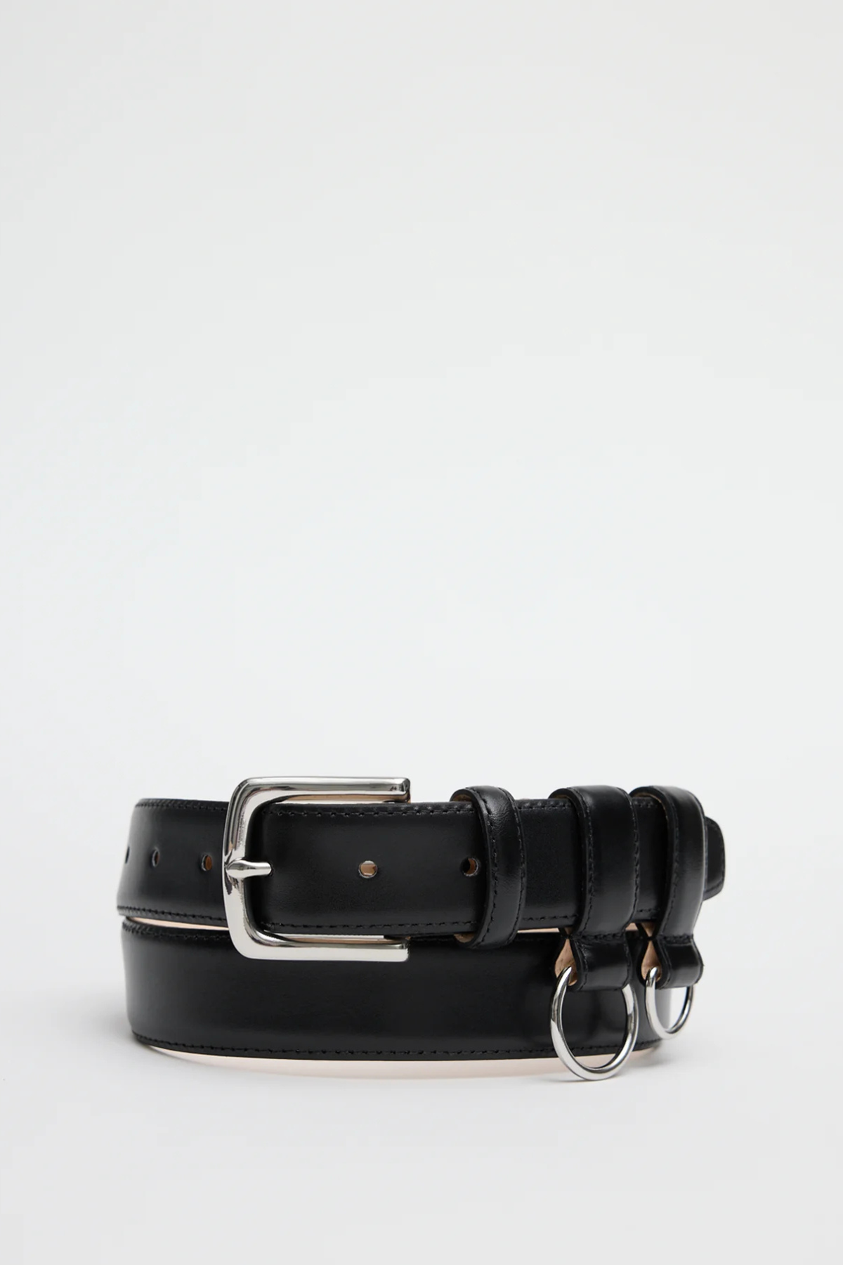 Tibi Classic Ring Hardware Leather Belt in Black with silver-tone buckle and removable D-ring loops