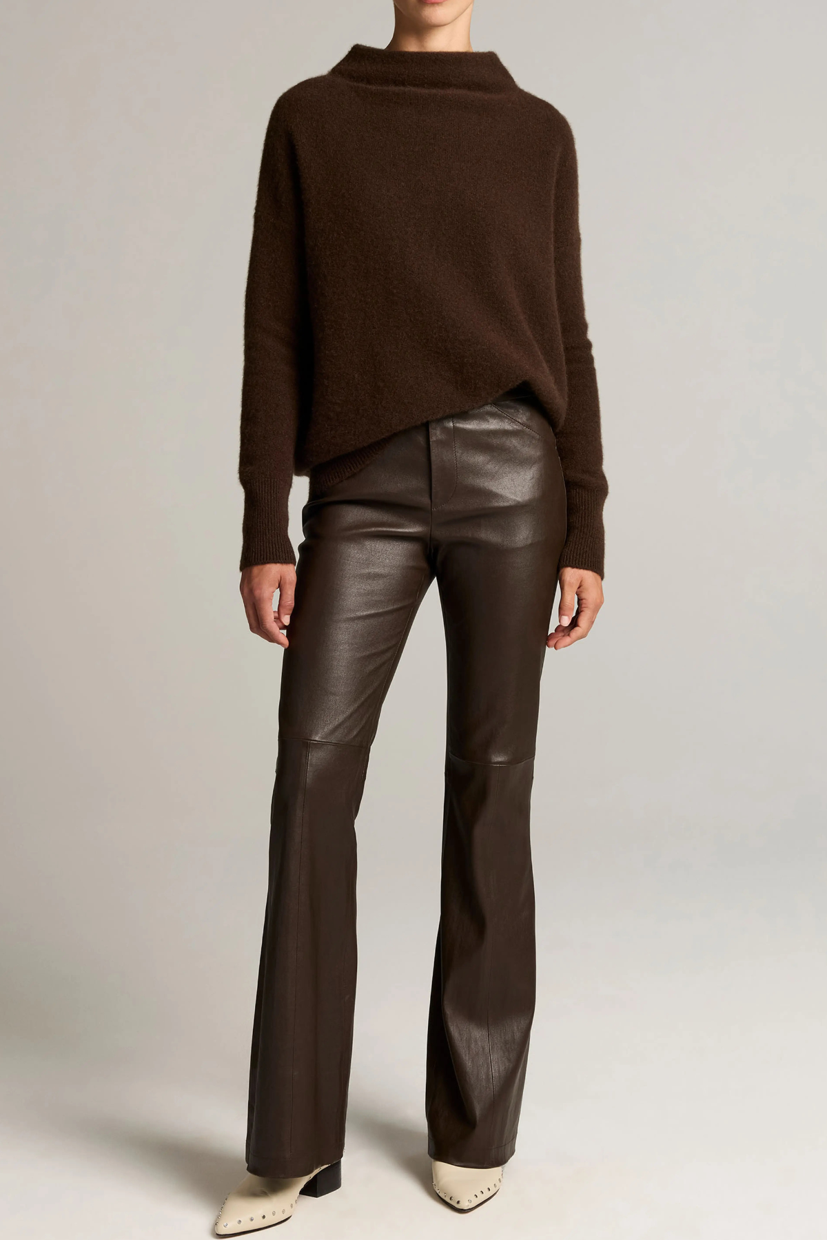 Vince Mid Rise Stretch Leather Flare Pant - Smoked Truffle