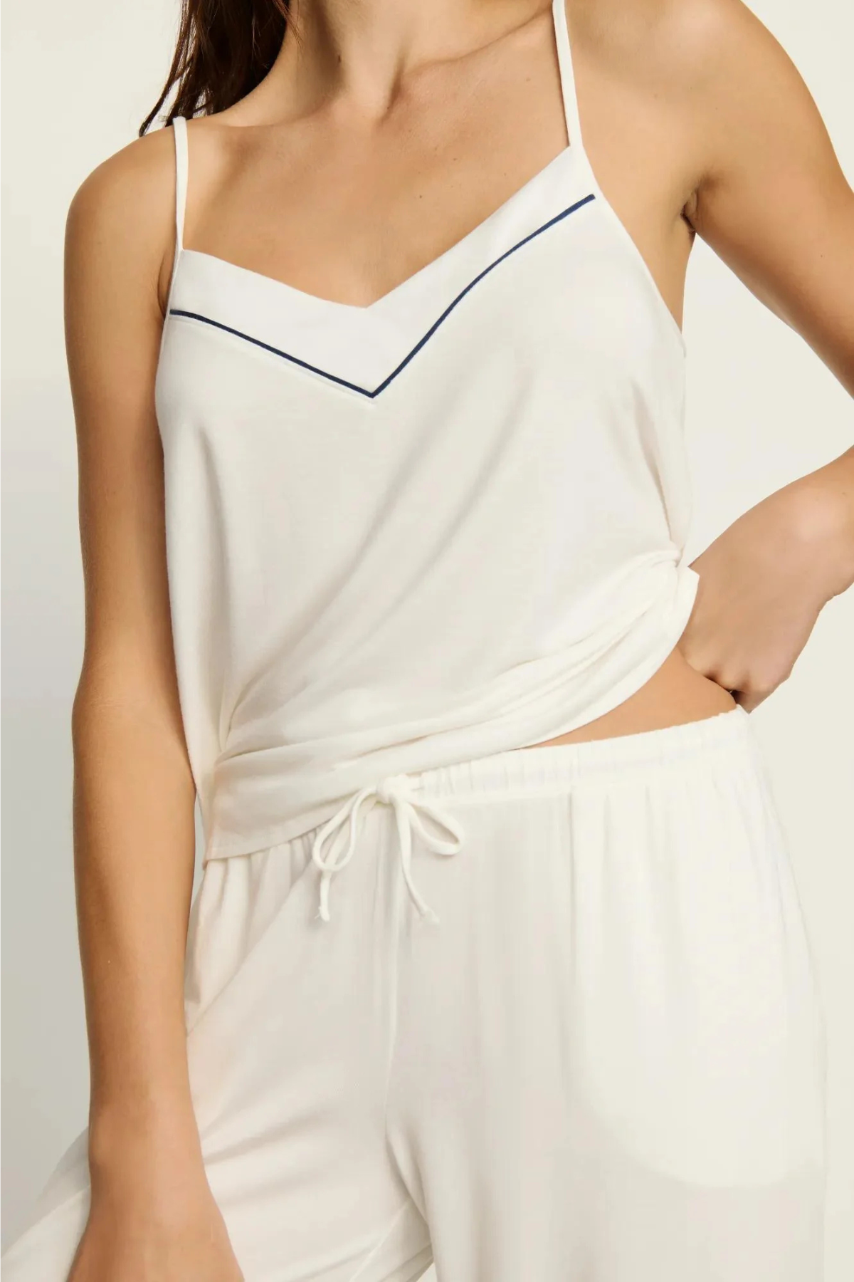 Eberjey Gisele V Neck Cami & Pant PJ Set - Ivory/ Navy