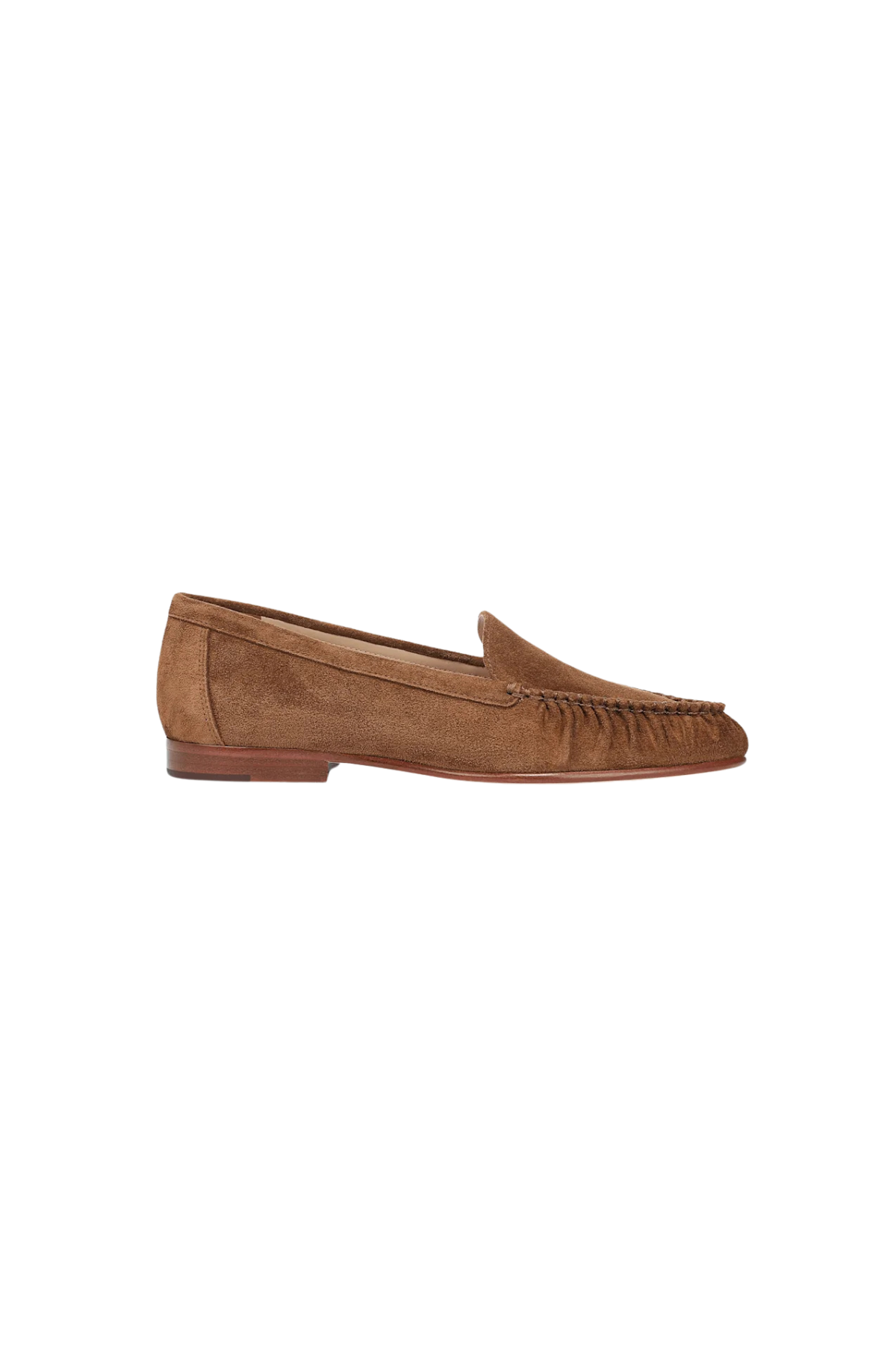 Veronica Beard Prilla loafer in chestnut brown suede featuring textured ruching across the front, a cushioned footbed and a low heel. A matte black silicone spatula with a long handle and a small hanging hole, shown horizontally on a plain white background.
