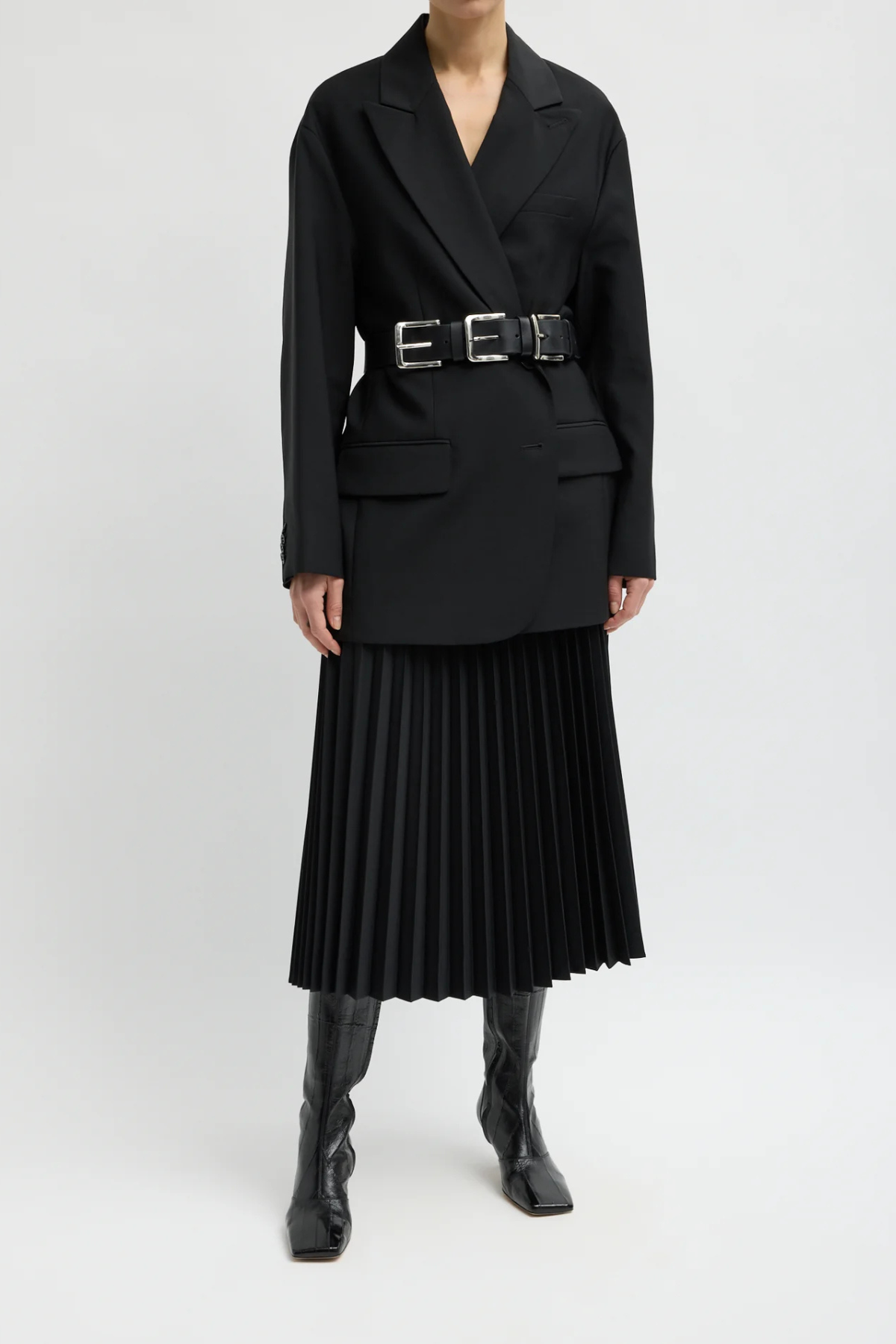 Tibi Triple Buckle Arthur Leather Belt - Black