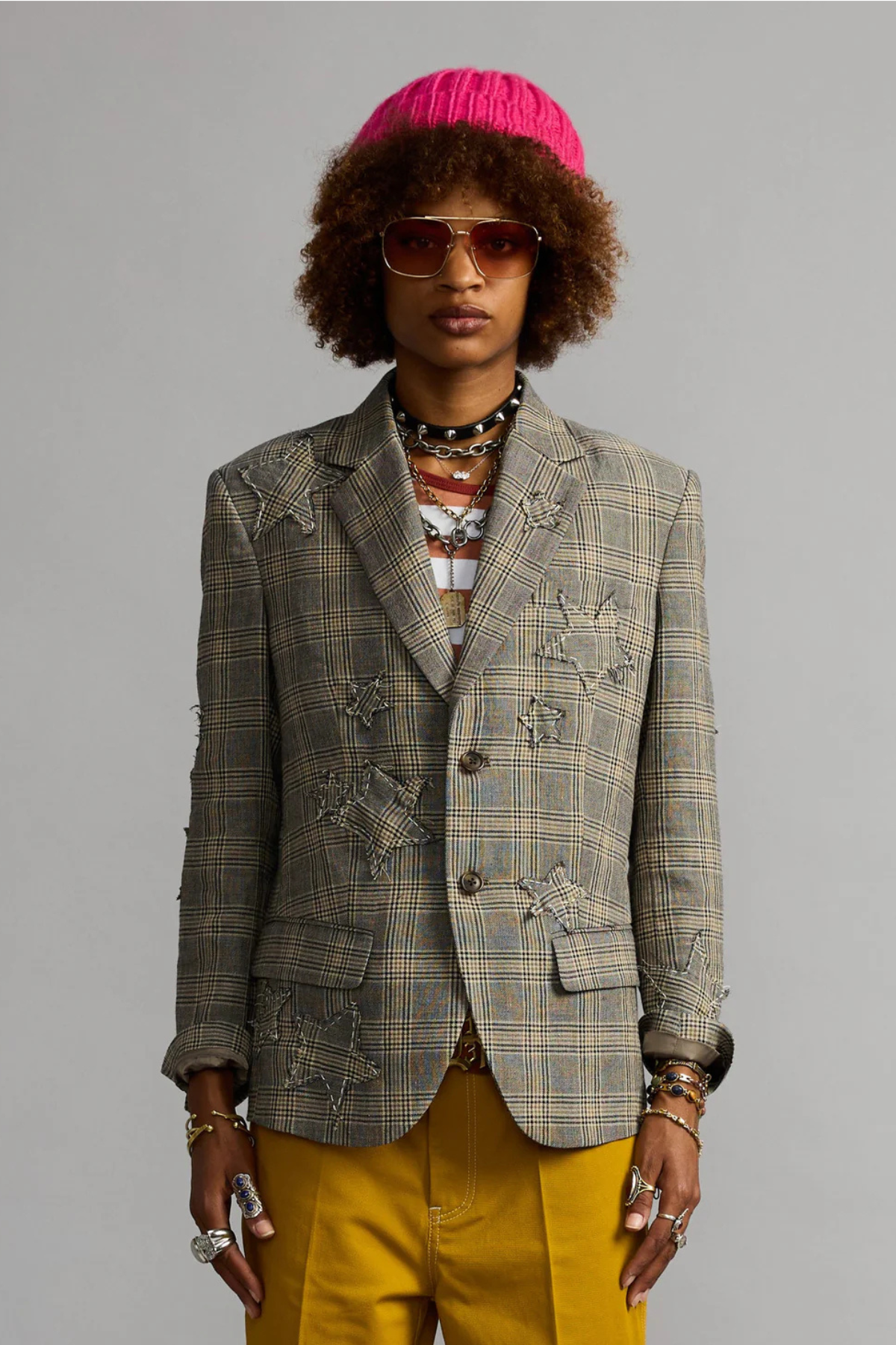 R13 Boyfriend Notch Lapel Blazer - Small Khaki Plaid