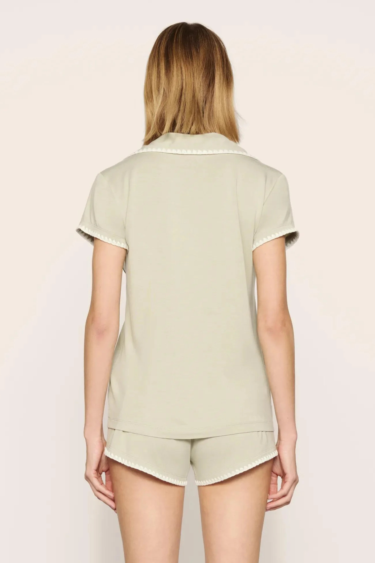 Eberjey Frida Shortie Short PJ Set in Sandstone/Ivory, featuring a short-sleeve button-front top with contrast stitching and coordinating shorts.
