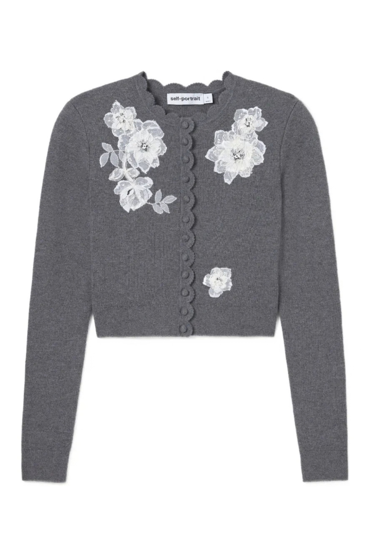 Self-Portrait Grey Lace Flower Knit Cardigan - Grey