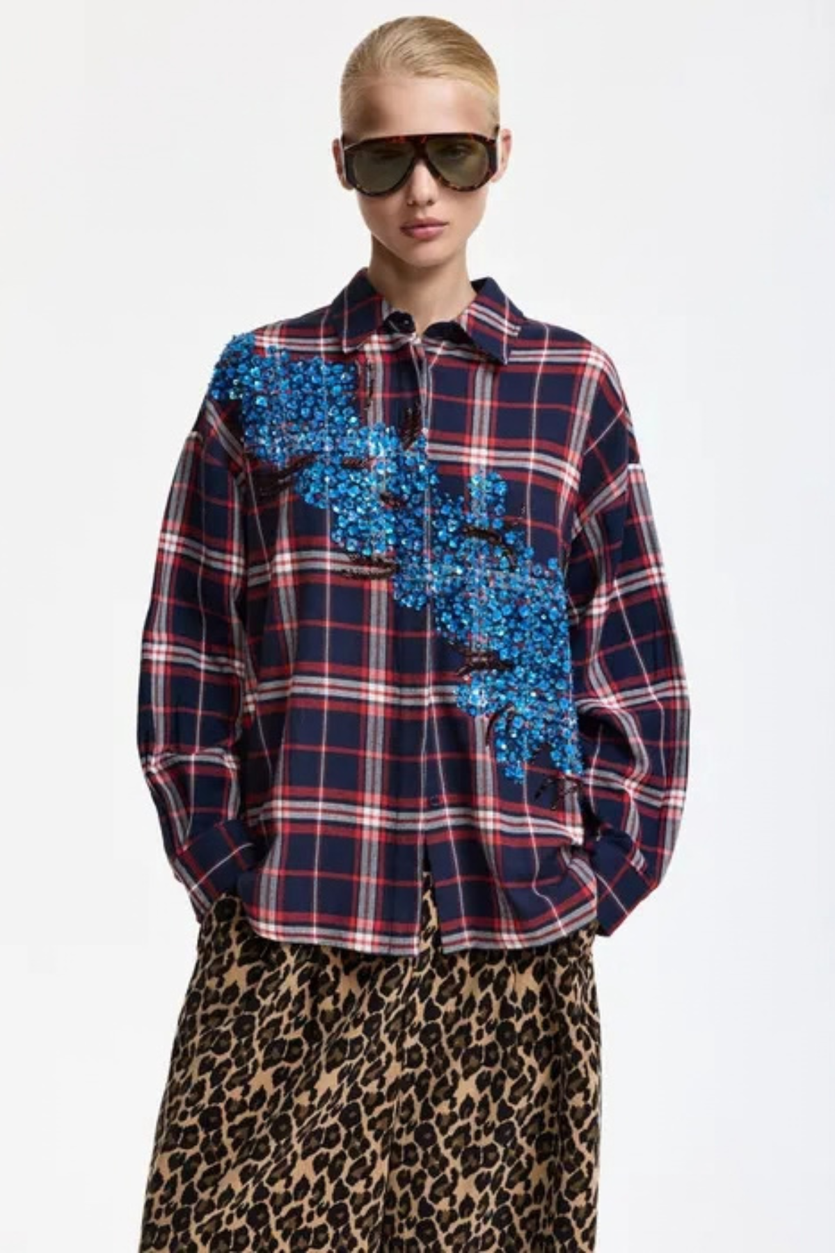 Essentiel Antwerp Checked Sequin Embellished Oversized Shirt - Blue/Navy/Red