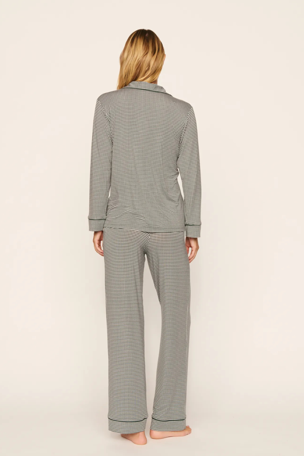 Eberjey Gisele Printed Long PJ Set in Cabin Check Ivory/Pine, featuring an ivory and pine-green check pattern, long-sleeve button-front top and matching full-length pants.