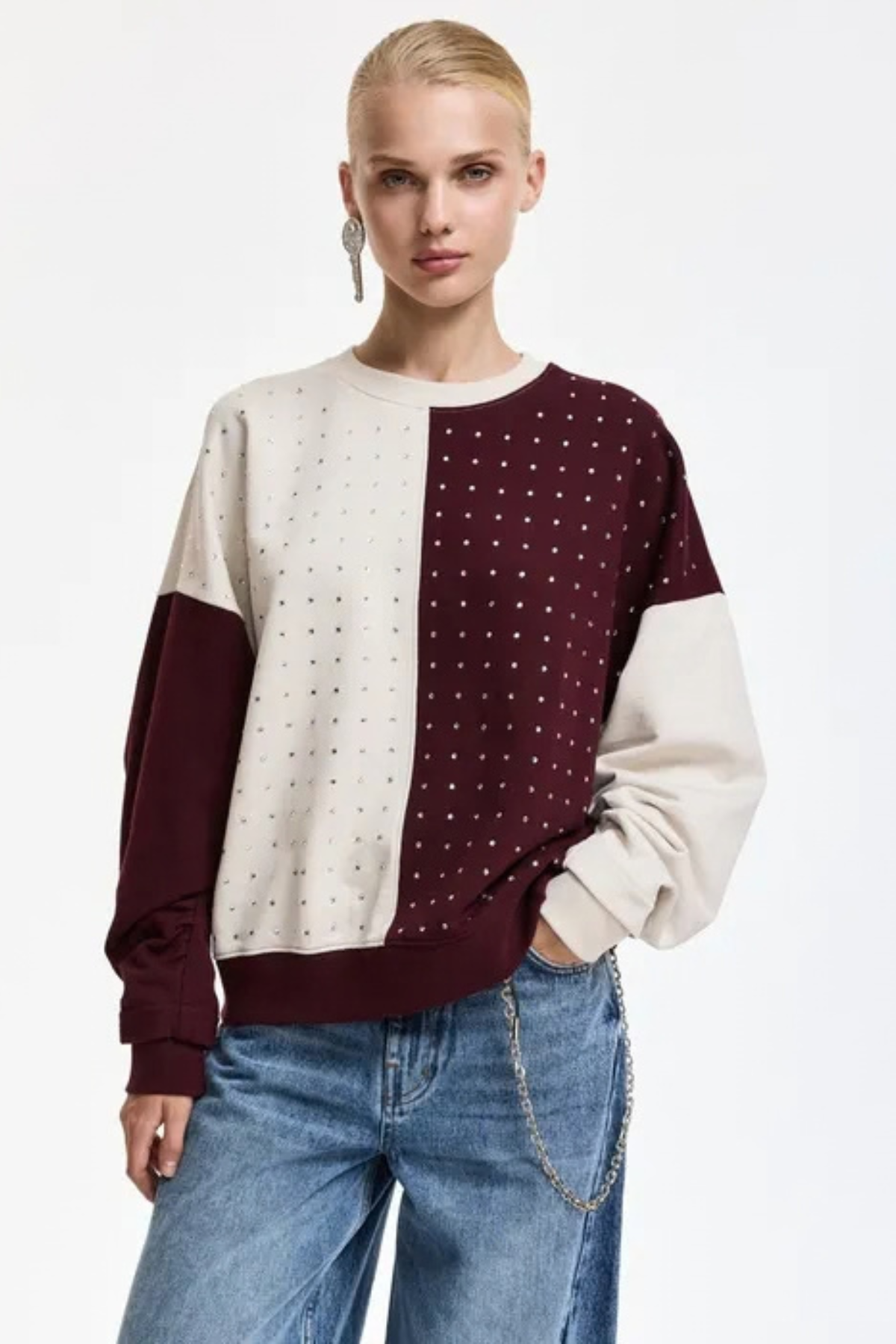 Essentiel Antwerp Koldi Bicolor Embellished Sweatshirt - Burgundy/Off White