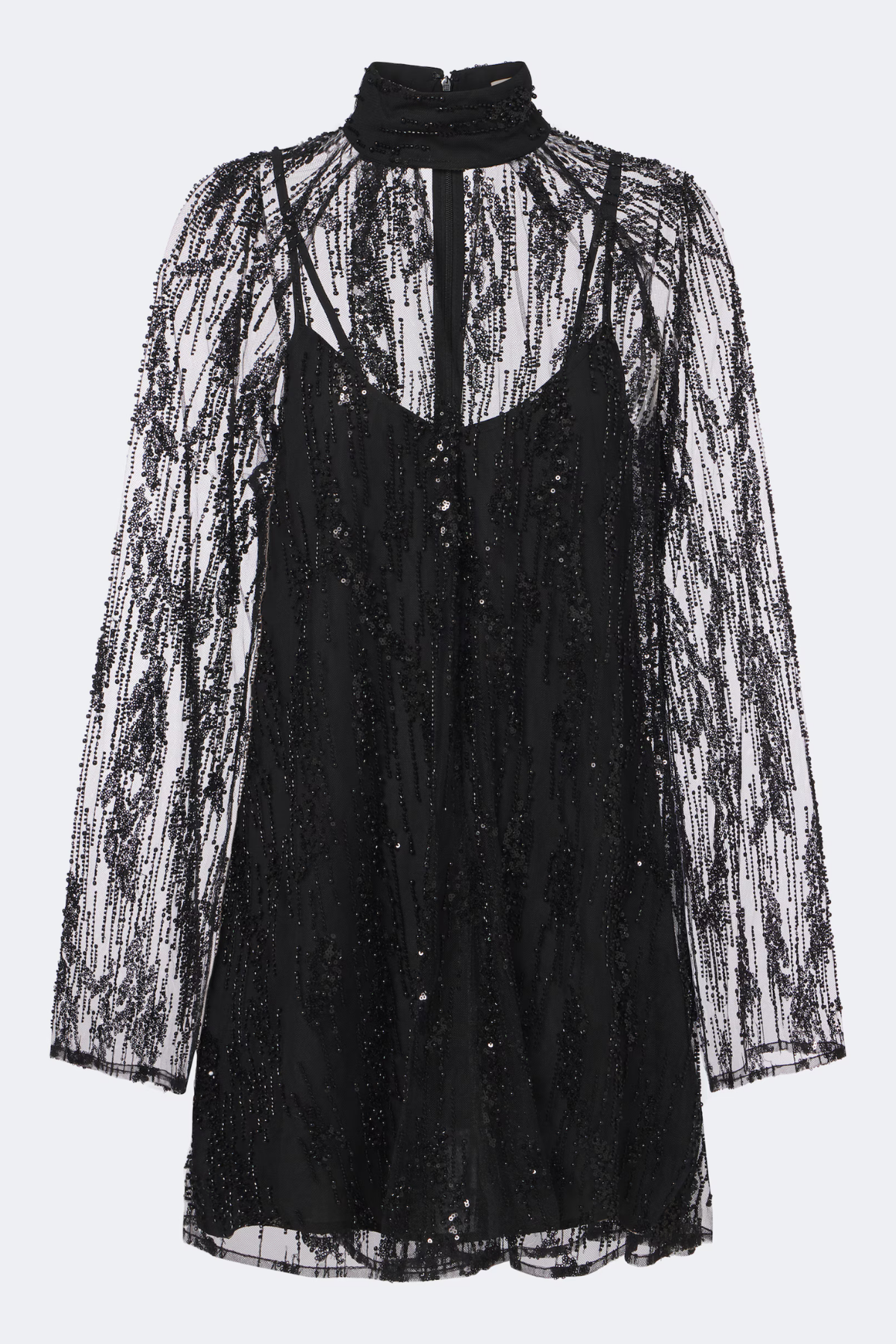 STAUD Esther Mini Dress in Black with sheer overlay and cascading embellishments