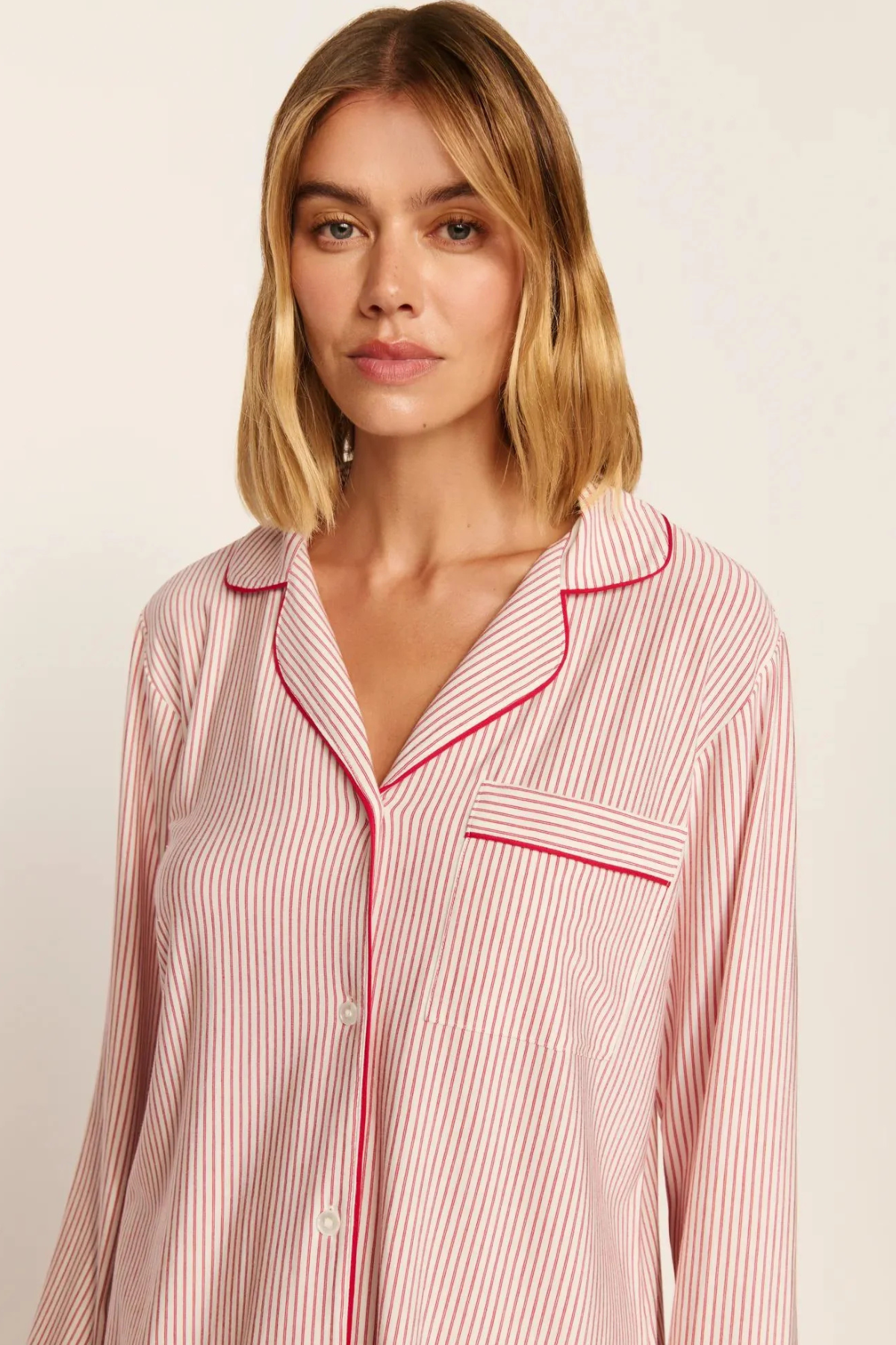 Eberjey Gisele Printed Long PJ Set in Duo Stripe/Holly Red, featuring a red striped long-sleeve button-front top and matching full-length pajama pants.