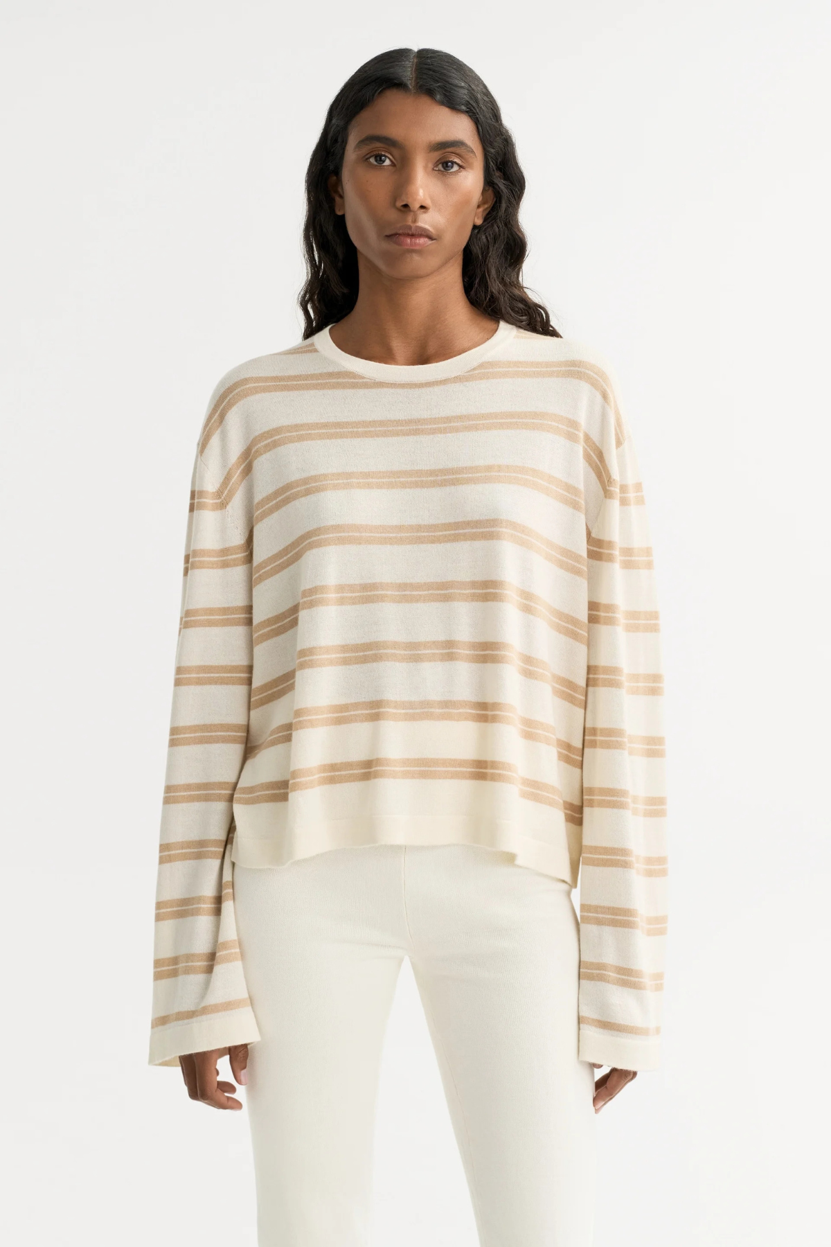 Soft Goat Fine Knit Striped Crewneck