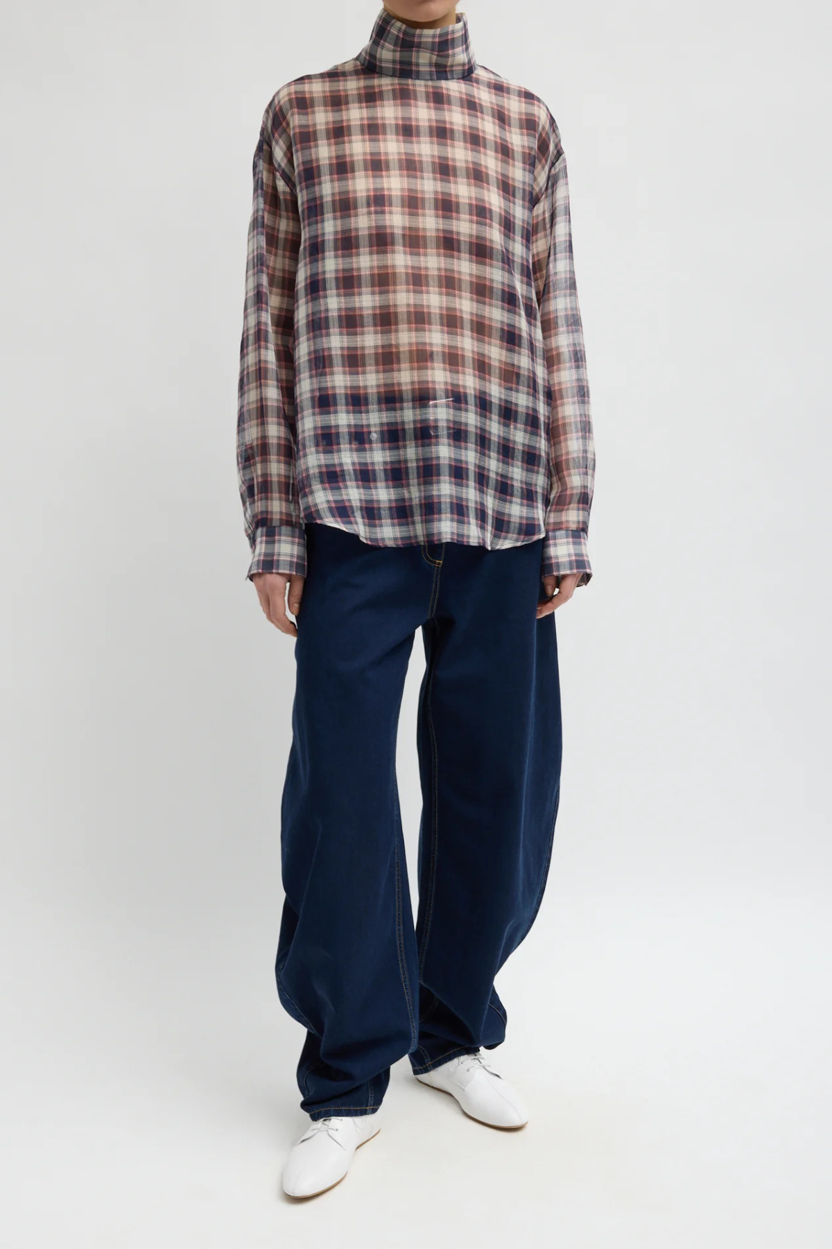 Tibi Silk Cotton Plaid Funnel Neck Shirt - Black/ Red Multi