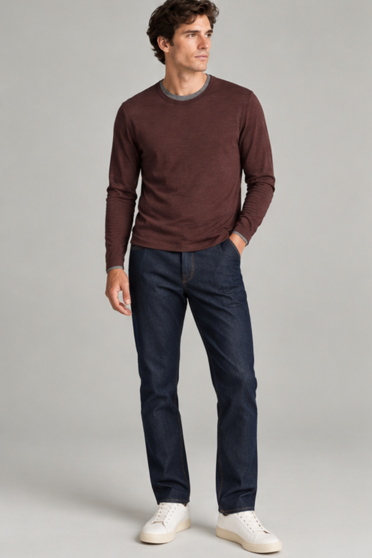 Vince Men's Fine Slub Double Layer L/S Crewneck - Chocolate Plum/ Medium Heather Grey