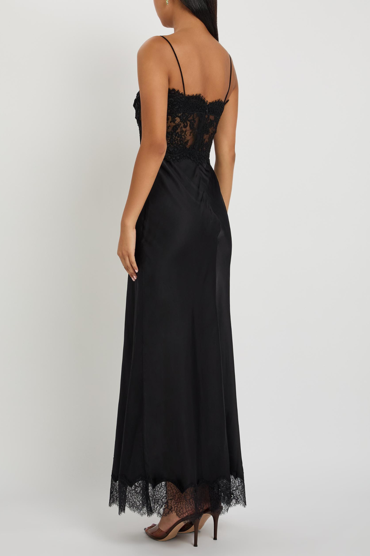 Self-Portrait Black Satin Lace Midi Dress - Black