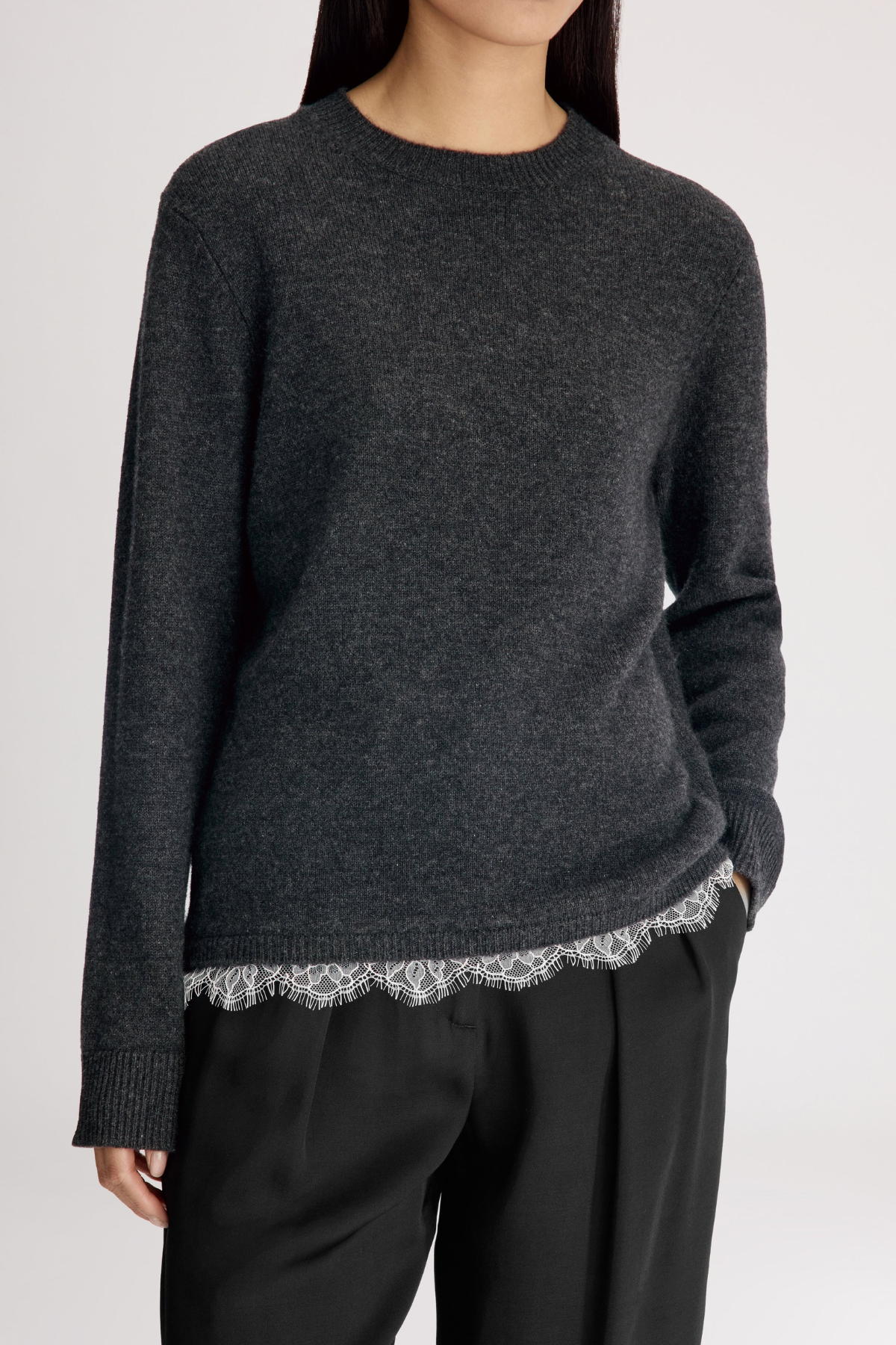 Loulou de Saison Arvo Sweater With Lace - Charcoal/ Ivory