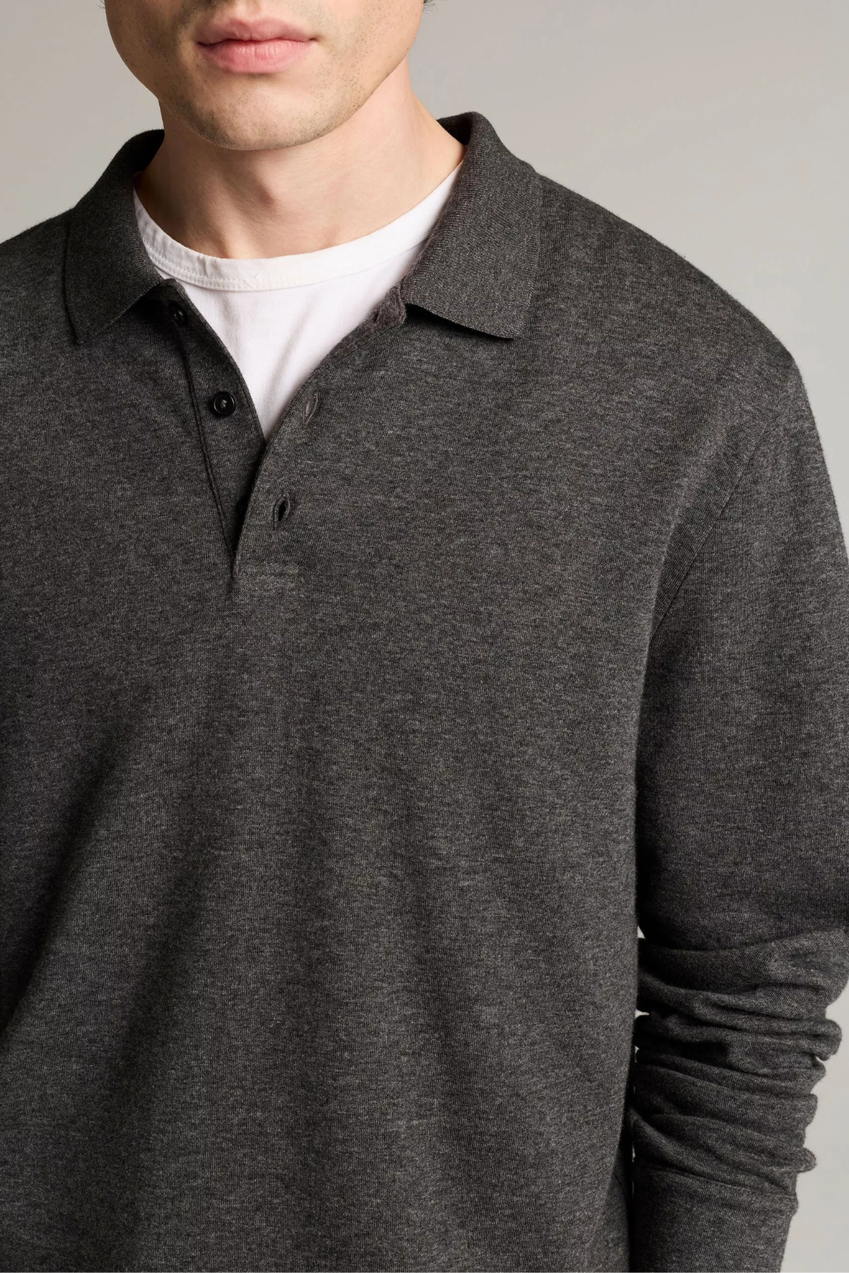 Vince Men's Heathered Double Face L/S Polo - Medium Heather Grey/ Heather Night Leaf