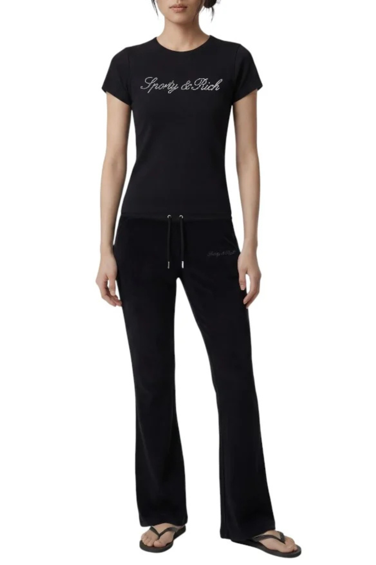 Sporty & Rich Signature Logo Krystal T-Shirt - Black Crystal